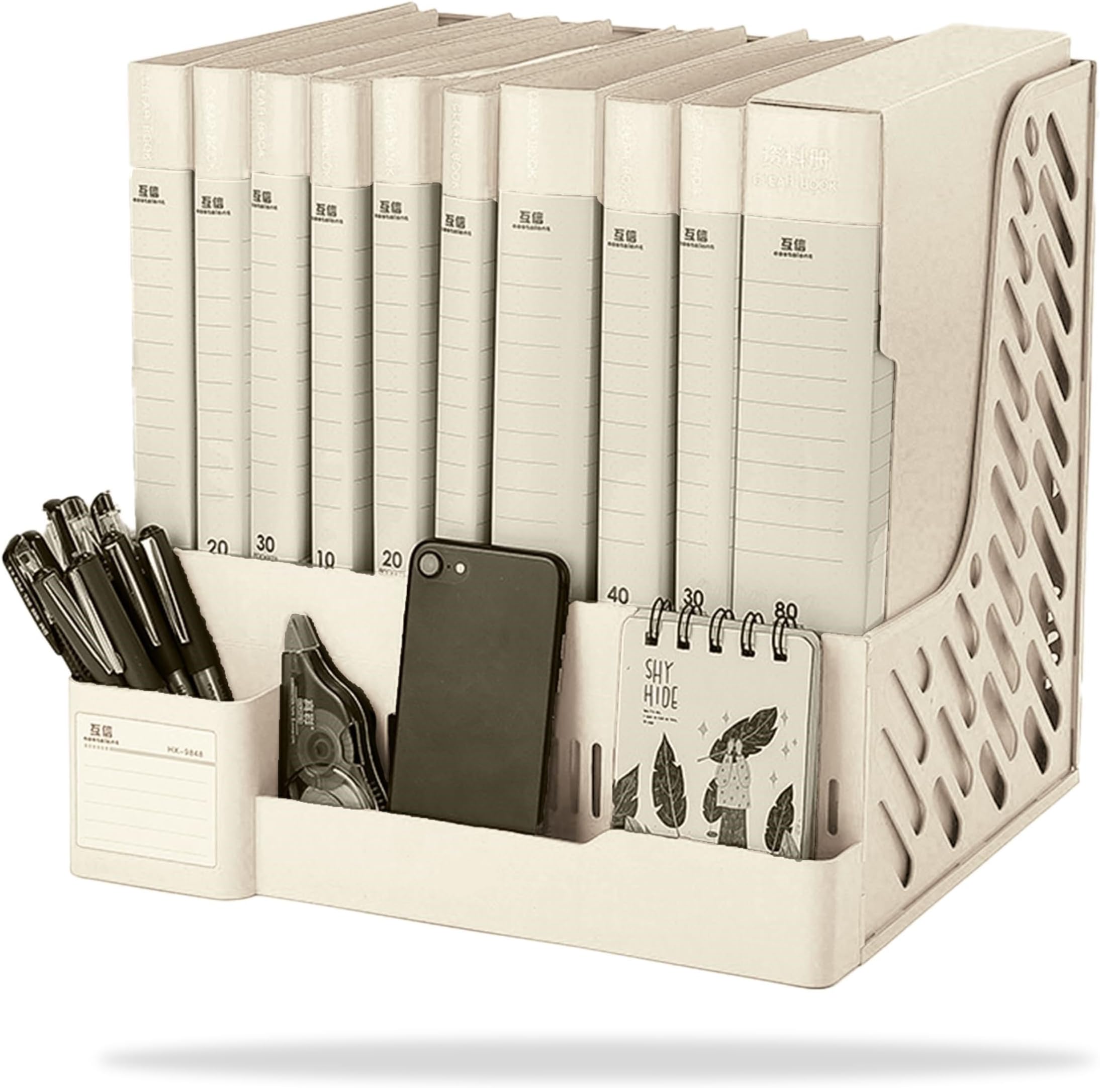 Plastic 4 Compartments File Rack Paper Holder, Magazine Book Holder Organizer, Desktop Organizers, Letter Organizer with Pen Holder, File Rack (Grey)