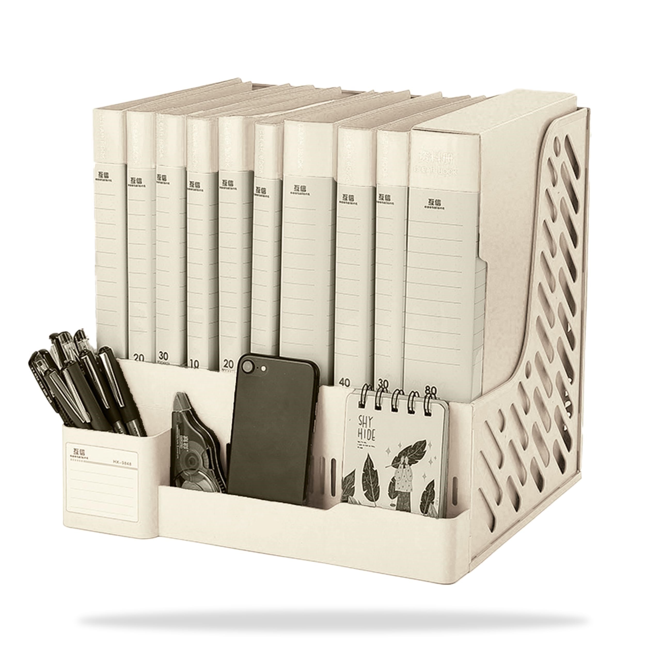 Plastic 4 Compartments File Rack Paper Holder, Magazine Book Holder Organizer, Desktop Organizers, Letter Organizer with Pen Holder, File Rack (Grey)