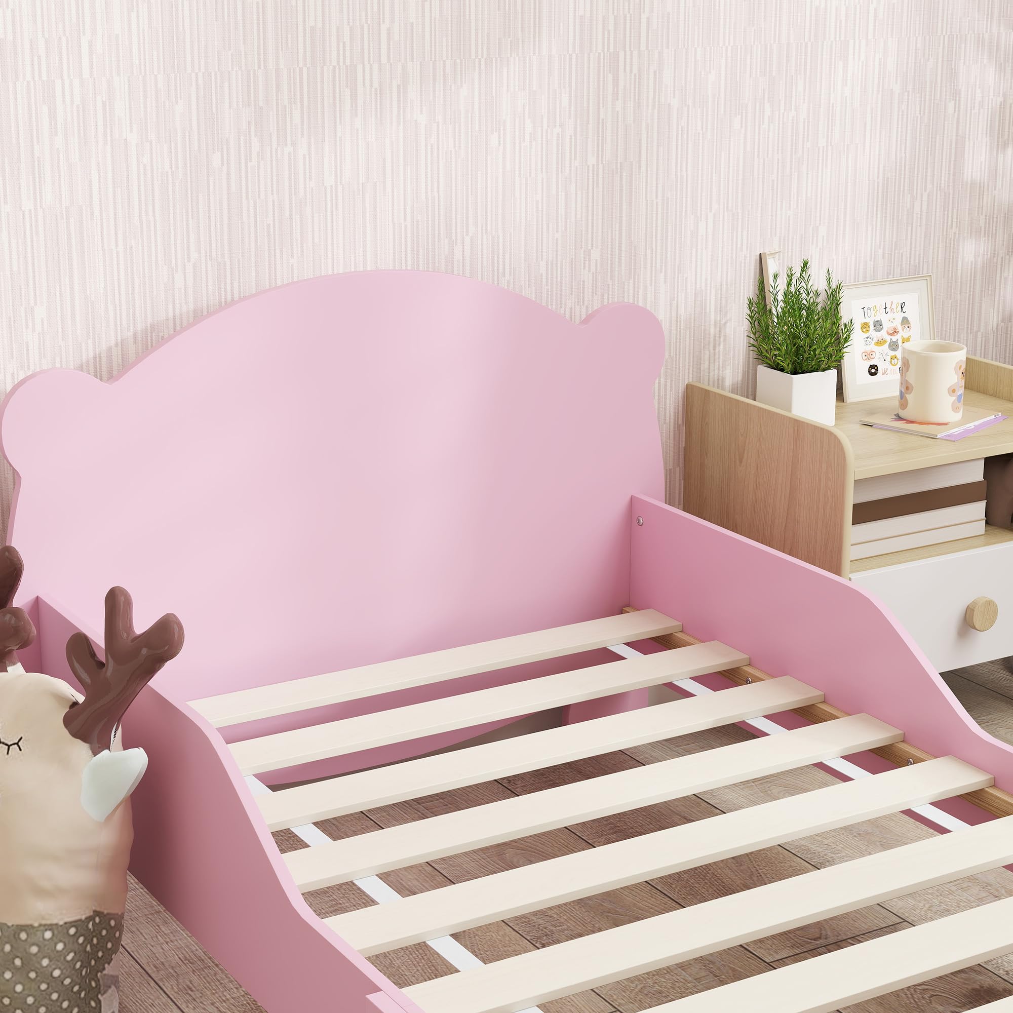 AIYAPLAY Cama Infantil Montessori para Niños de 3 a 6 Años, Cama Infantil Individual de 140x70 cm con Laterales Anticaída y Somier de Láminas de Madera en Forma de Oso para Habitación Infantil, Rosa