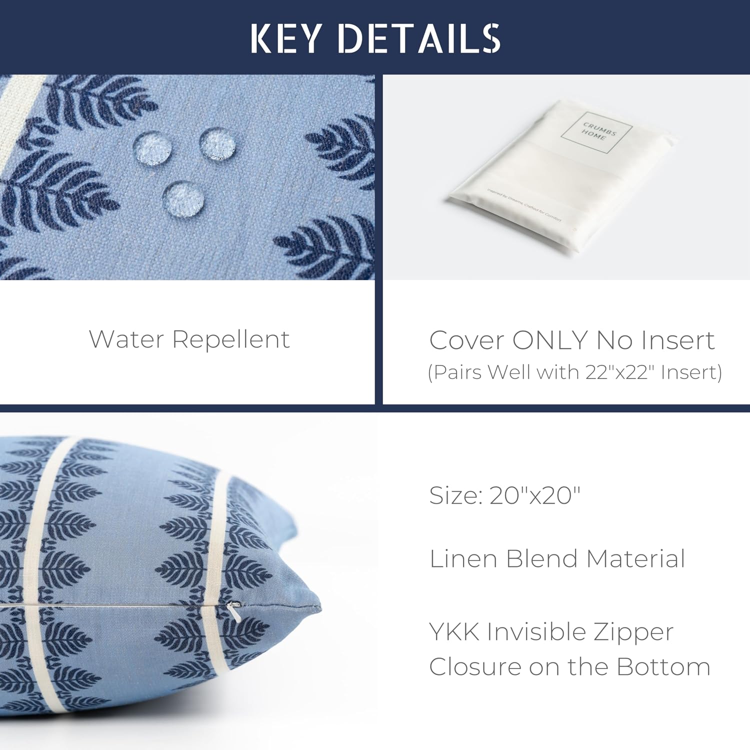 Crumbs Home California Casual Coastal Indoor Outdoor Throw Pillow Cover, 20"x20" Water Repellent for Patio, Backyard, Couch, Poolside, Dark Navy Blue Print Leaves Stripes