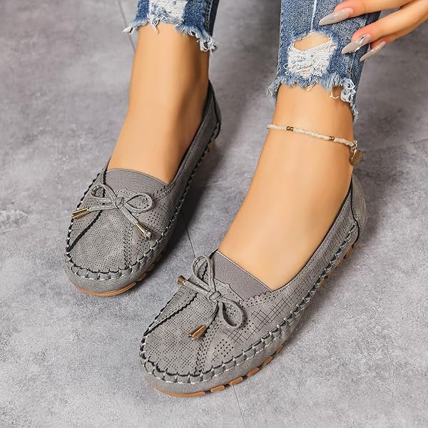 Women Vintage Eyelet Ballet Flats Memory Foam Comfy Soft Flats Casual Stitched Cute Non Slip Dress Shoes with Bowknot - 3
