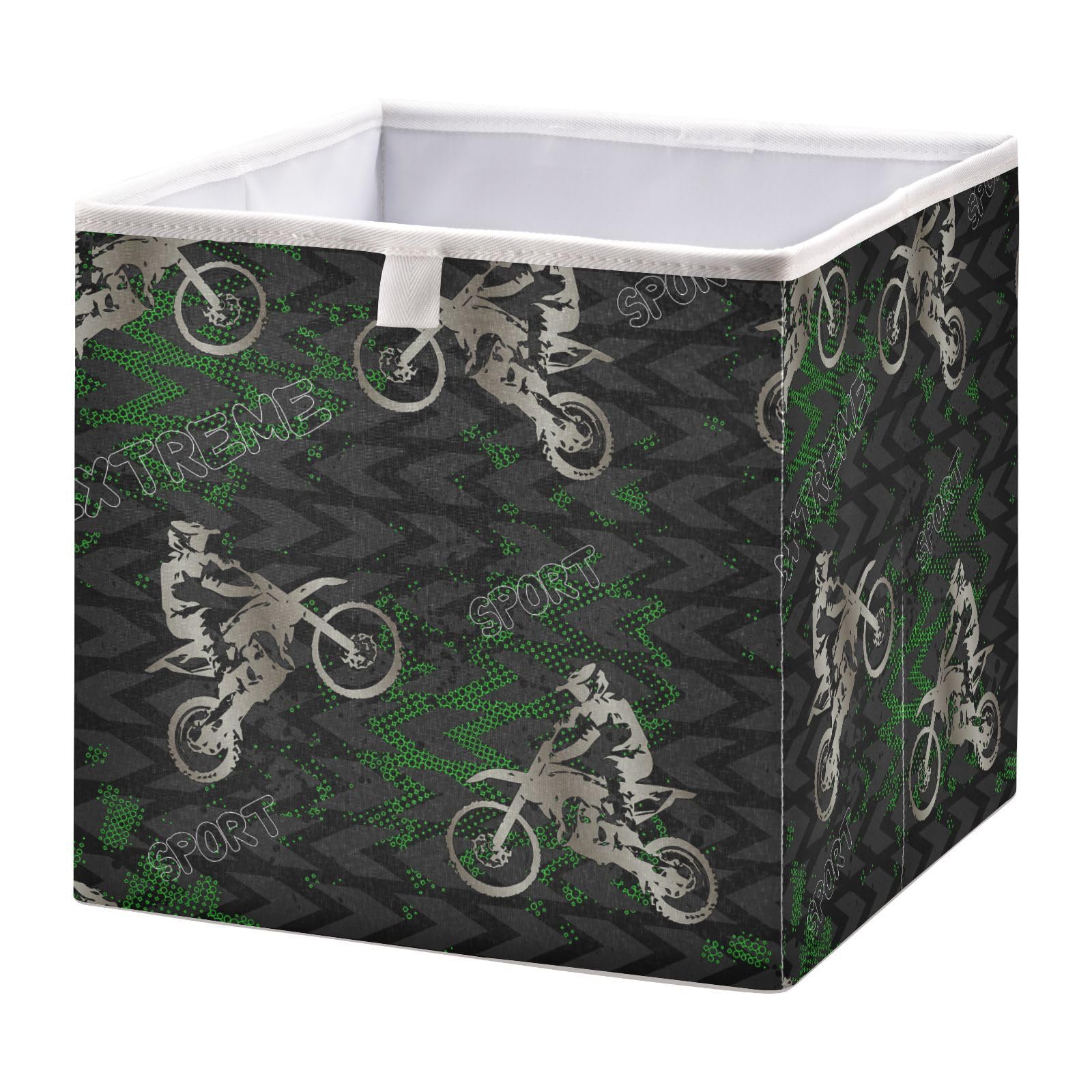Poeticcity Retro Grey Man on Motorcycle Boys with Motocross On Dark Green Rectangular Storage Basket Bin, Collapsible Storage Box, Foldable Nursery Baskets Organizer for Toy, Clothes Easy to Assemble