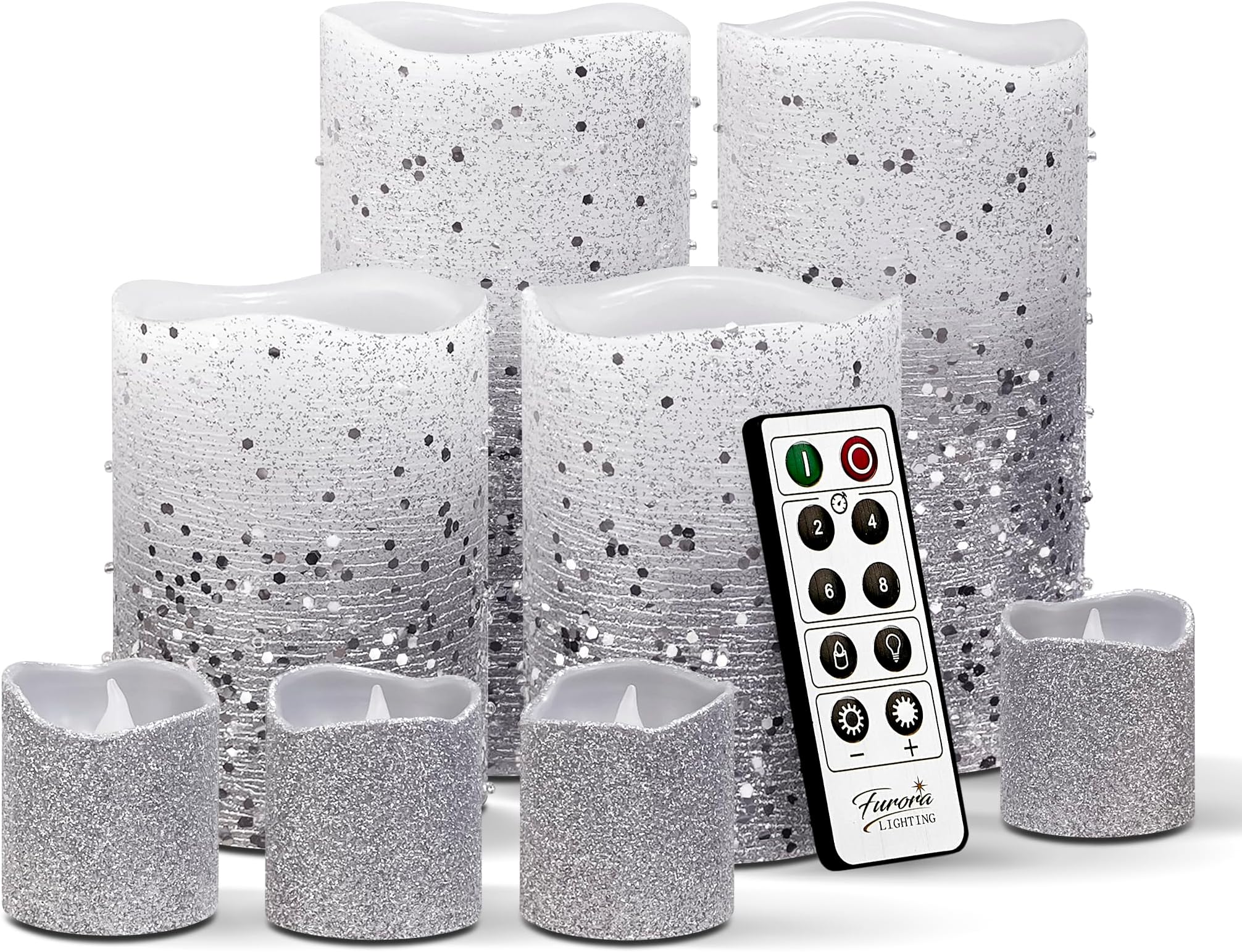 FURORA LIGHTING Silver Glitter LED Candles with Remote and Timer, 4 Pillars and 4 Votives Pack of 8, Real Wax Flameless Flickering Candles for Home Décor, Battery Included