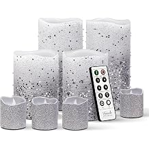 Silver Glitter LED Candles, 8-Pack Set with Remote &amp; Timer | Includes 4 pillars and 4 votives. Creates a sleek, modern winter metallic ambiance perfect for elegant entertaining.