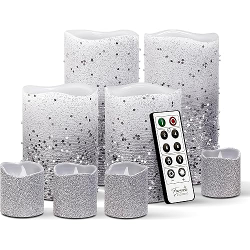 FURORA LIGHTING Silver Glitter Flameless Candles - Real Wax, Adjustable Brightness, Remote & Timer - 4 Pillars (3x4, 3x6) and 4 Votives, 8-Pack, Battery Operated
