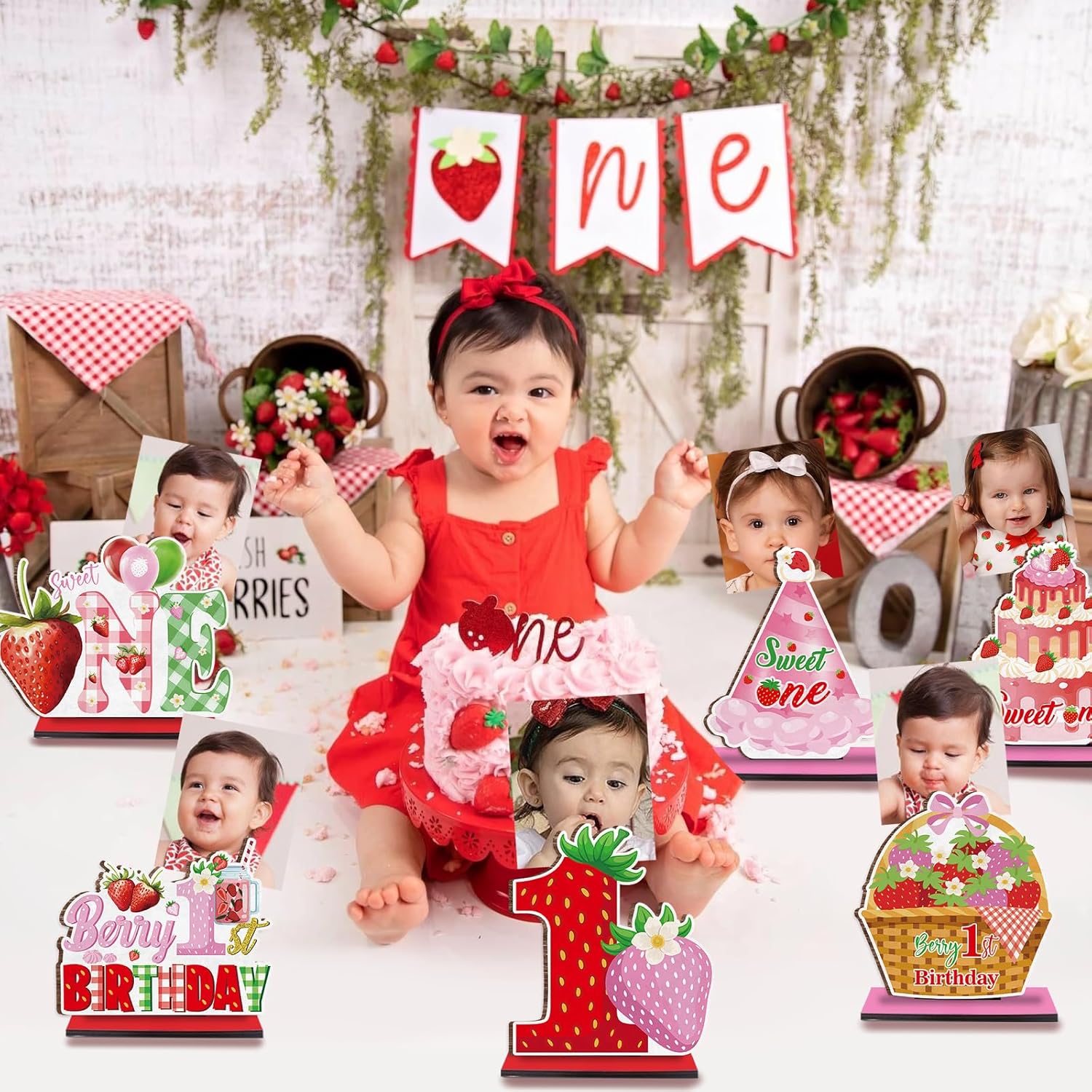 QICI Berry First Birthday Decor - 6PCS Sweet One Pink Strawberry 1st Birthday Decorations - Wooden Table Centerpiece with Photo Clips - Baby Girl