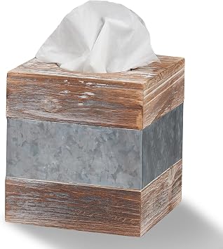 Barnyard Designs Rustic Wood and Metal Tissue Box Cover Holder, 6"x6" | Decorative Farmhouse Country Bathroom Facial Dispenser; Fits Square Cube Refills; Vanity and Countertop Decor