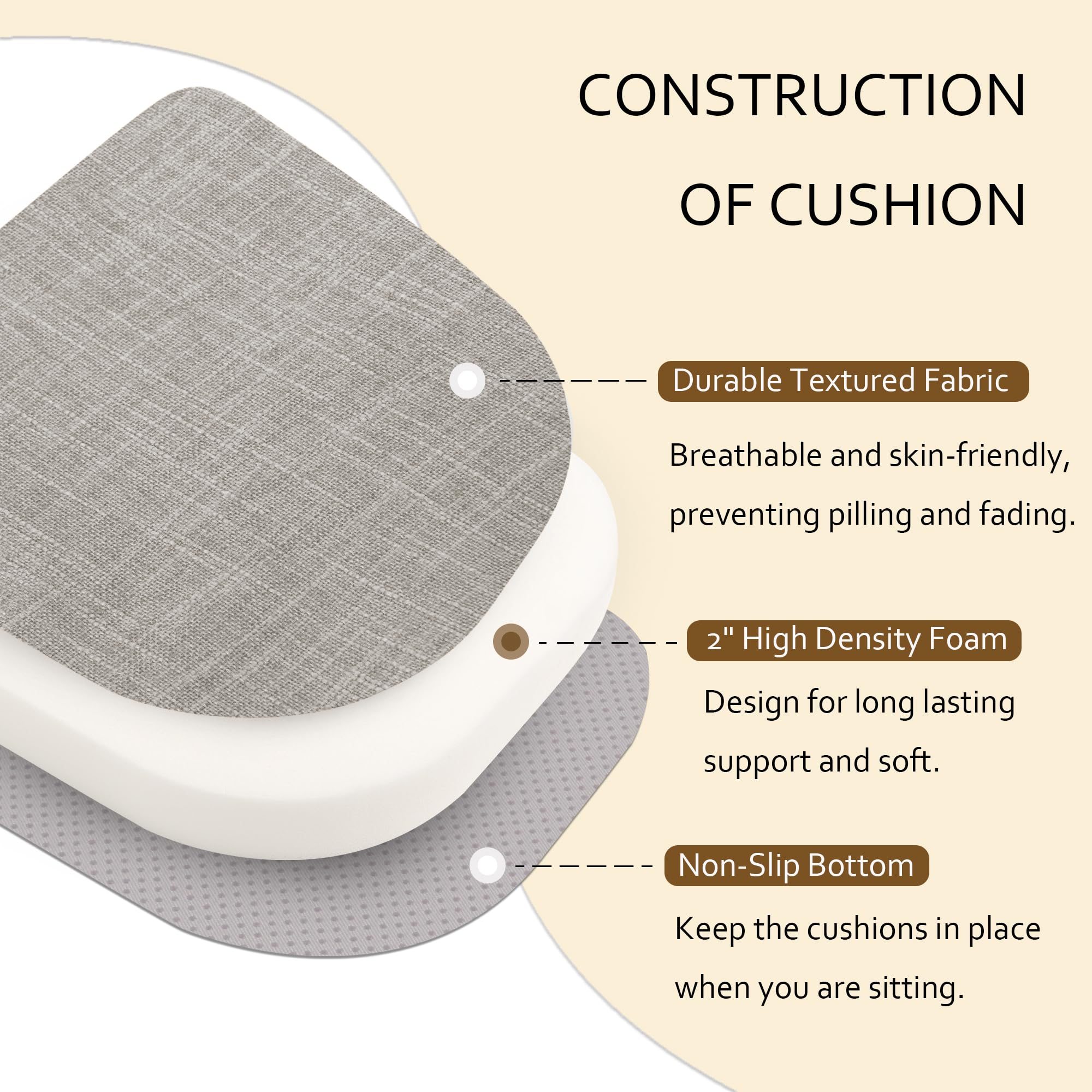 ELFJOY Set of 6 Chair Cushions for Dining Chairs Non Slip Seat Cushion with Ties and Machine Washable Cover Foam Kitchen Chair Pads Indoor 17x17x2 inches Grey