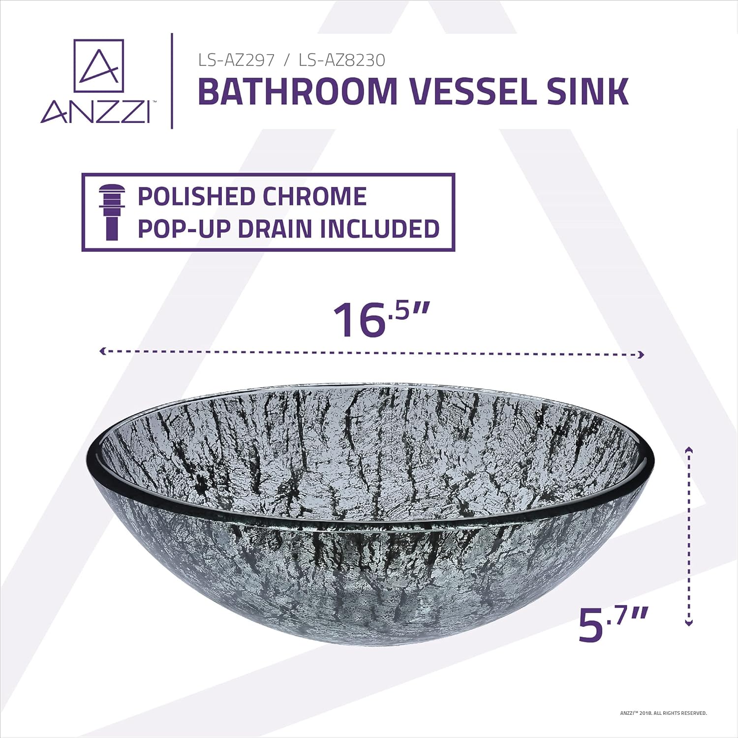 Up To 60% OFF ANZZI Posh Series Tempered Glass Vessel Bowl Sink in Verdure Silver | Grey Black Silver Pattern Top Mount Bathroom Sinks Above Counter | Round Vanity Countertop Sink Bowl with Pop Up Drain | LS-AZ297