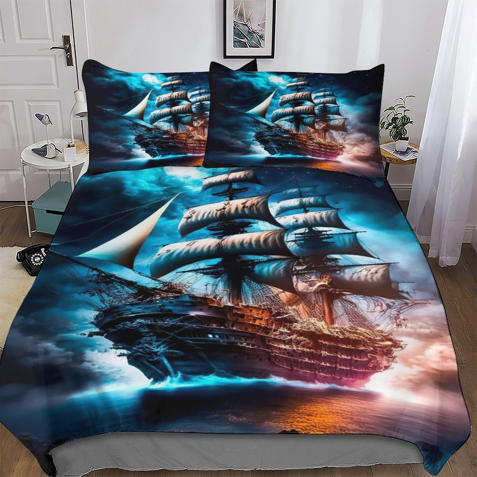 PAZZK Pirate Ship Duvet Cover with Pillow Cases 2 PCs Comforter Cover Bedding Set for Childrens And Adults Soft Microfiber with Zipper Closure Quilt Cover Single (135x200cm)