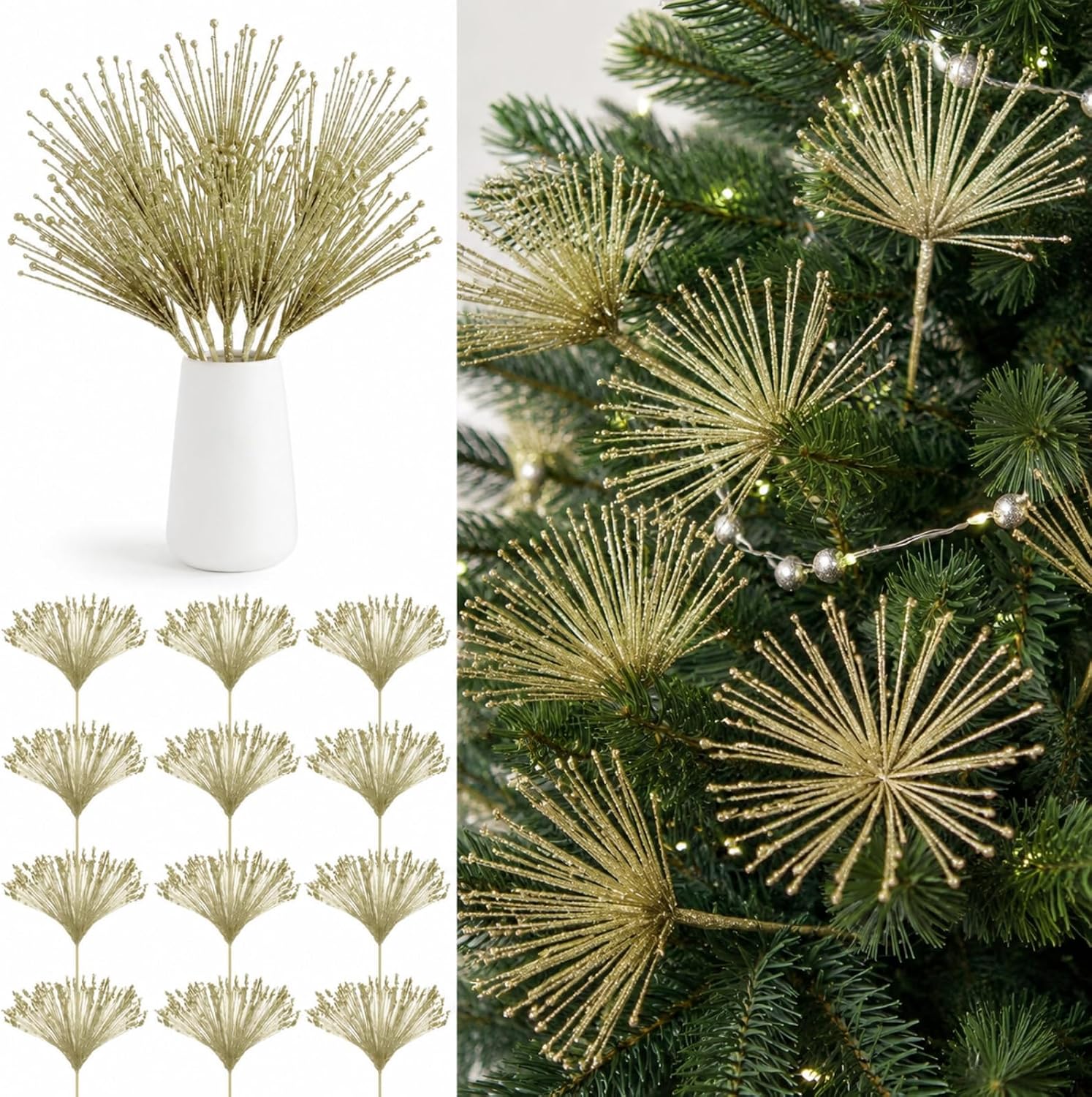 Dingion 12 Pack Christmas Picks White Red 11.8" Glitter Firework Stems
