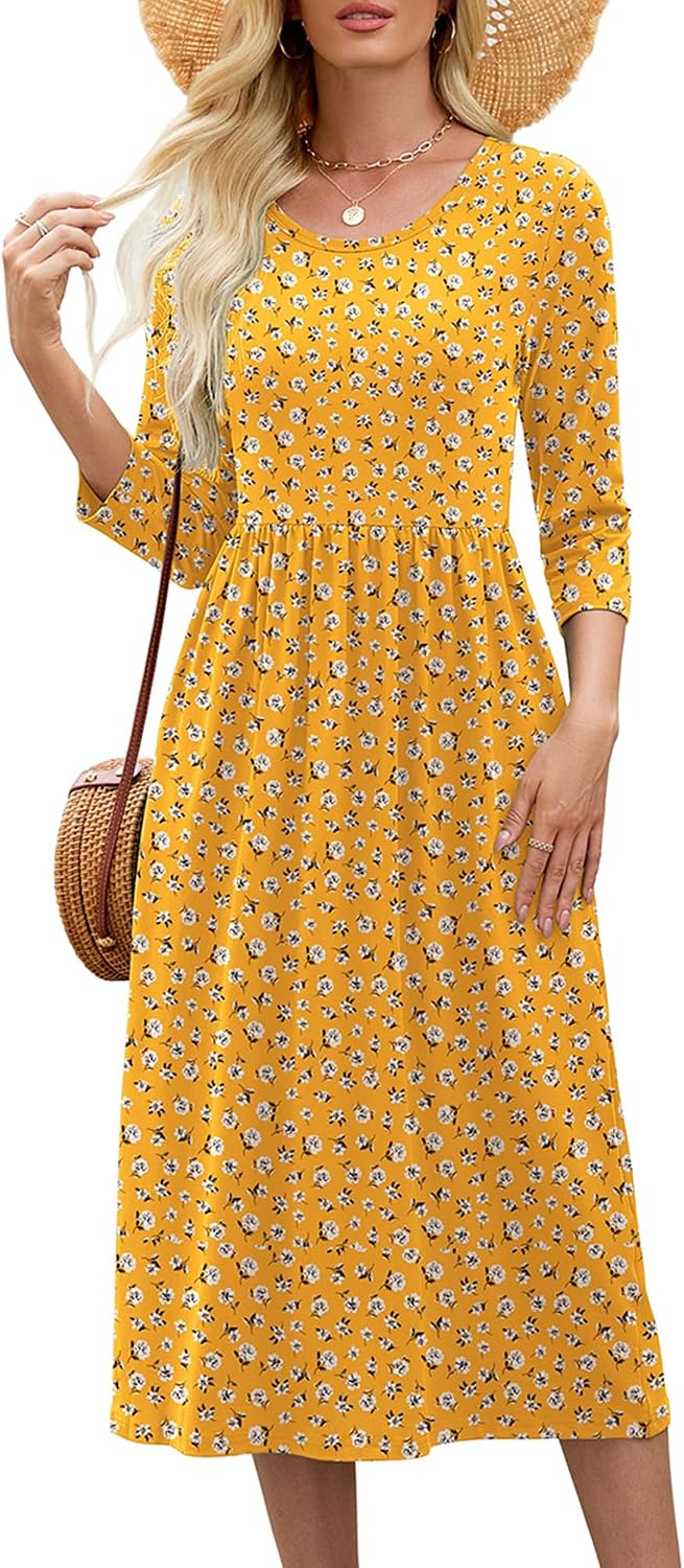 Heymoments Women's Casual 3/4 Sleeve Midi Dress Crewneck A Line Tiered Flowy Loose Travel Long Dresses with Pockets