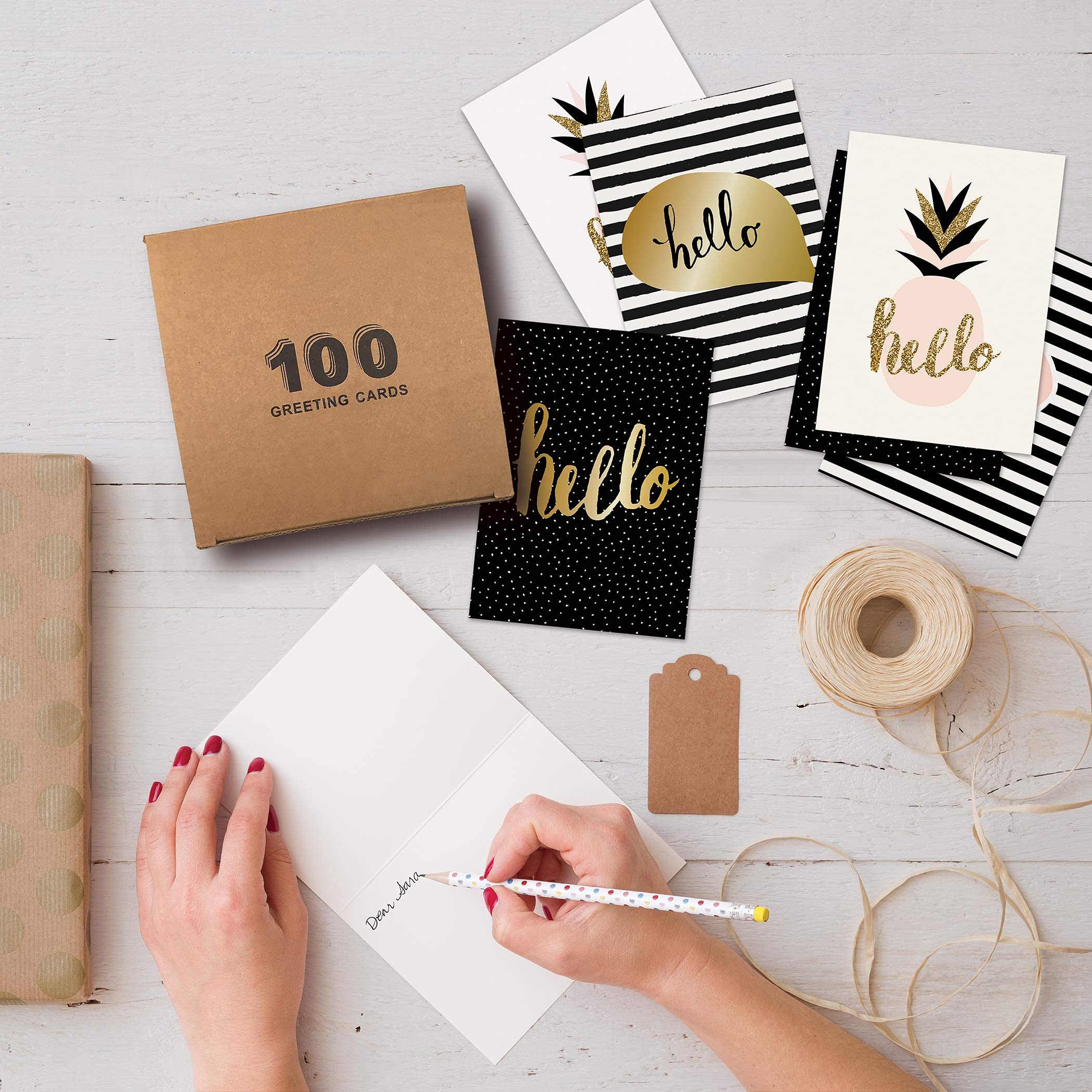 Tarjetas de felicitación de Hello para todas las ocasiones, 100 unidades, 4 x 6 pulgadas, 4 elegantes diseños de cubiertas, en blanco interior, por Better Office Products, Thinking of You, tarjetas