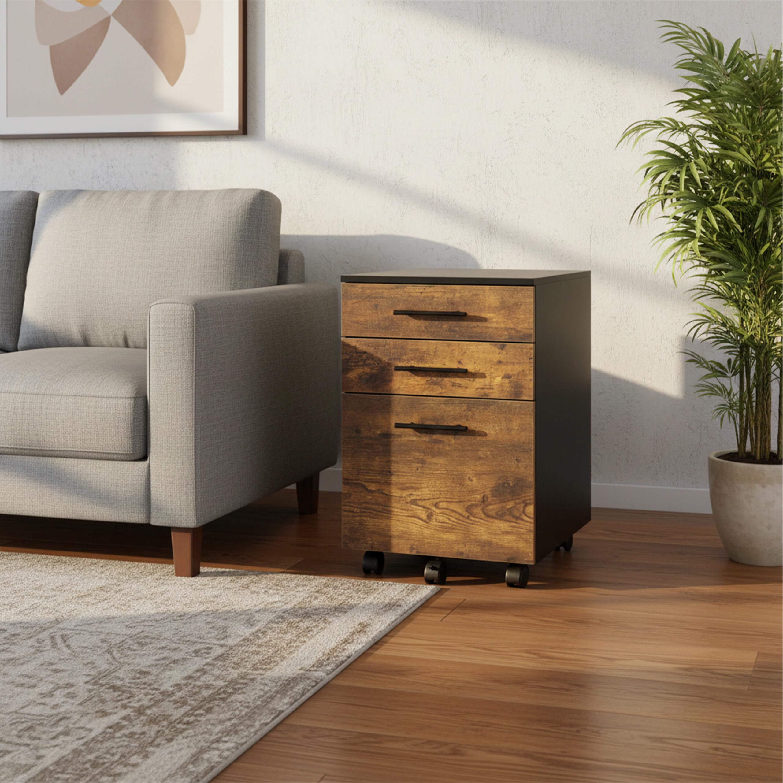Relaxdays Contenitore su Ruote con 3 cassetti, Supporto per cartelle sospese, 57,5x40x40 cm, Nero/Marrone