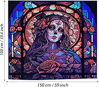 Vista 2 de RILACON Tapiz reactivo con luz negra del Día de los Muertos, tapiz para colgar en la pared, diseño de calavera de rosa y azúcar, póster de esqueleto