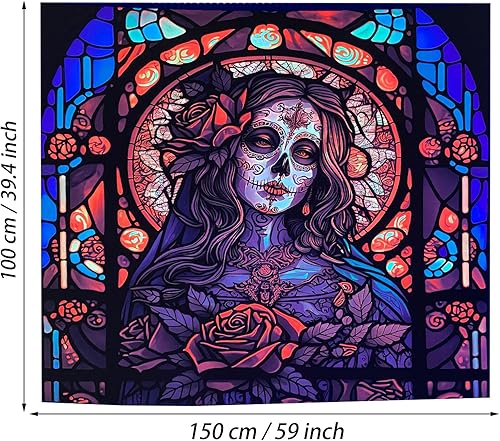 Miniatura 2 de RILACON Tapiz reactivo con luz negra del Día de los Muertos, tapiz para colgar en la pared, diseño de calavera de rosa y azúcar, póster de esqueleto