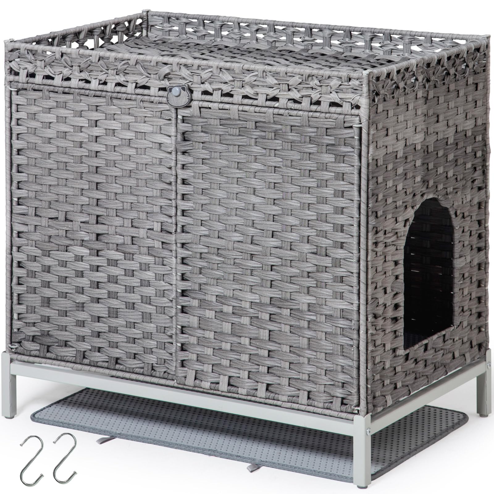SETVSON Cat Litter Box Enclosure Furniture, Hidden Handwoven Rattan Litter Box with Mat, Large Cat House with Metal Heightened Feet, 30.3 x 18.3 x 28 Inches, Indoor for Living Room, Bedroom Gray