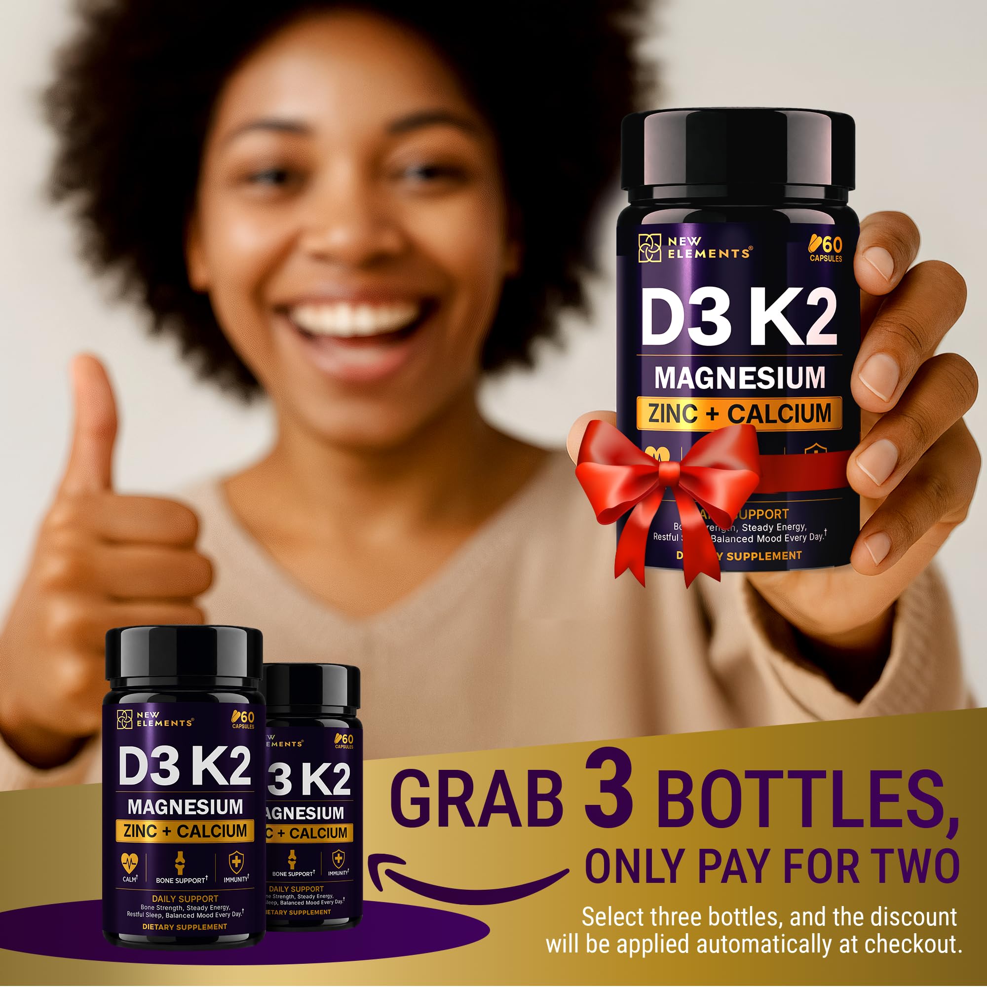 Vitamin D3 K2 Magnesium with Zinc & Calcium | Magnesium Glycinate 1500mg | D3 10,000 IU | K2 200mcg | Calcium 50mg | Zinc 50mg | Bone, Muscle & Immune Support for Women & Men - Vegan - Non-GMO — Amazon image 3