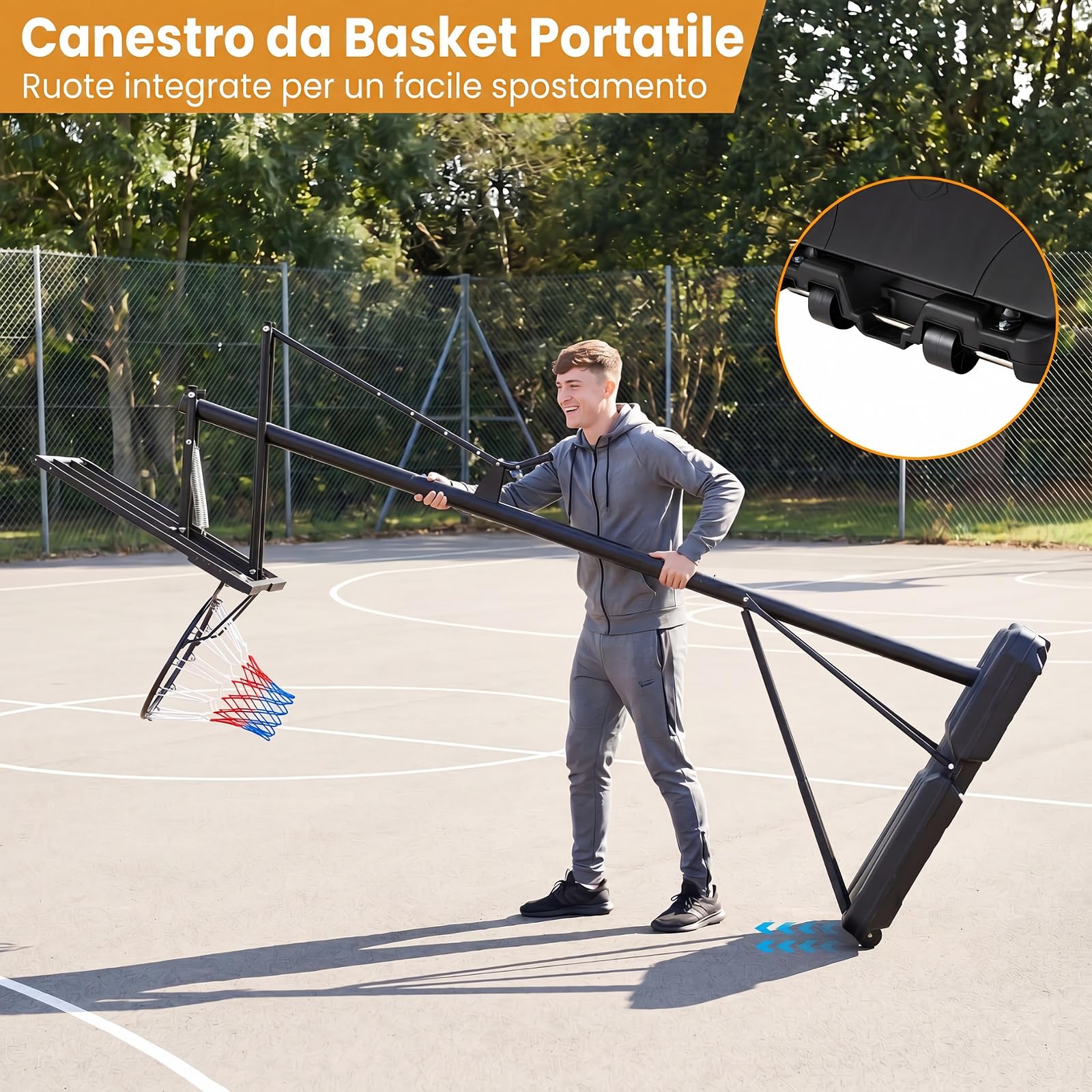 COSTWAY Canestro Basket da Esterno, Canestro da Basket Professionale con Altezza Regolabile 245-305 cm, Portatile con Ruote, Base Riempibile, Sistema di Ritorno e Tabellone Infrangibile | Altezza Regolazione a 5 Livelli 245-305 cm, Base Riempibile, Tabell