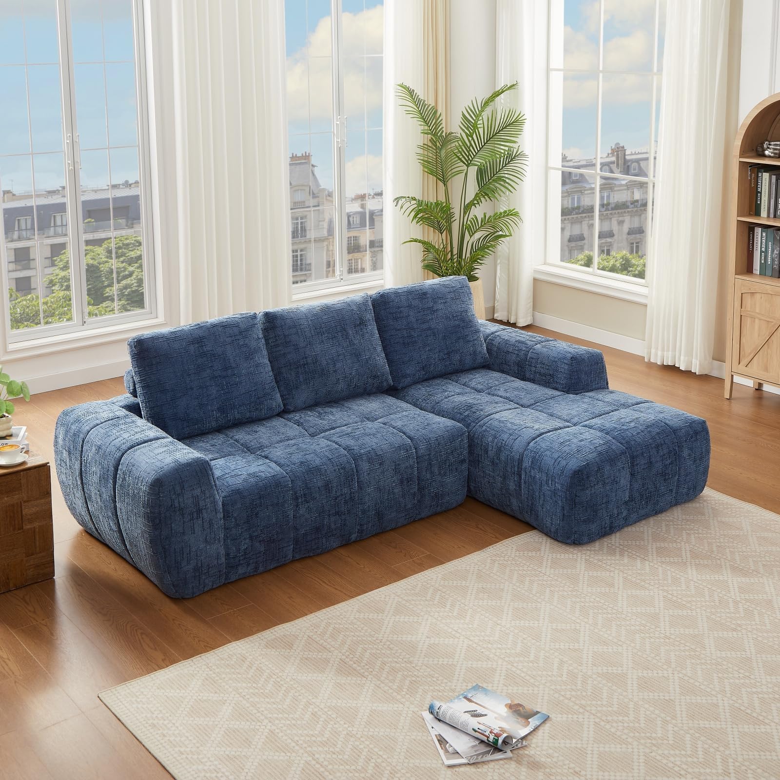 100.39" Tufted Chenille Boneless Modular Sectional Sofa,Right Facing Cloud Couch with Chaise Lounge, L-Shape Floor Lounge Sofa for Living Room