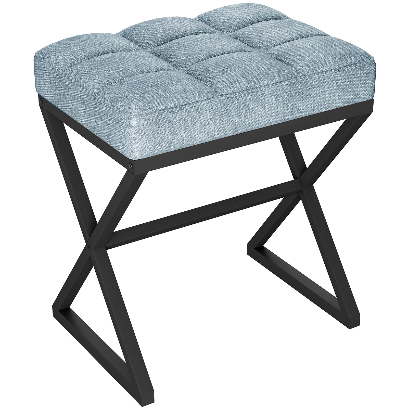 YMYNY Taburete de Maquillaje, Otomanas, Taburete de Piecon Patas de Metal en Forma de X, Taburete con Asiento de Lino, para Tocador, Salón Dormitorio Entrada Pasillos 40×30×46CM Azul Gris HBD033L