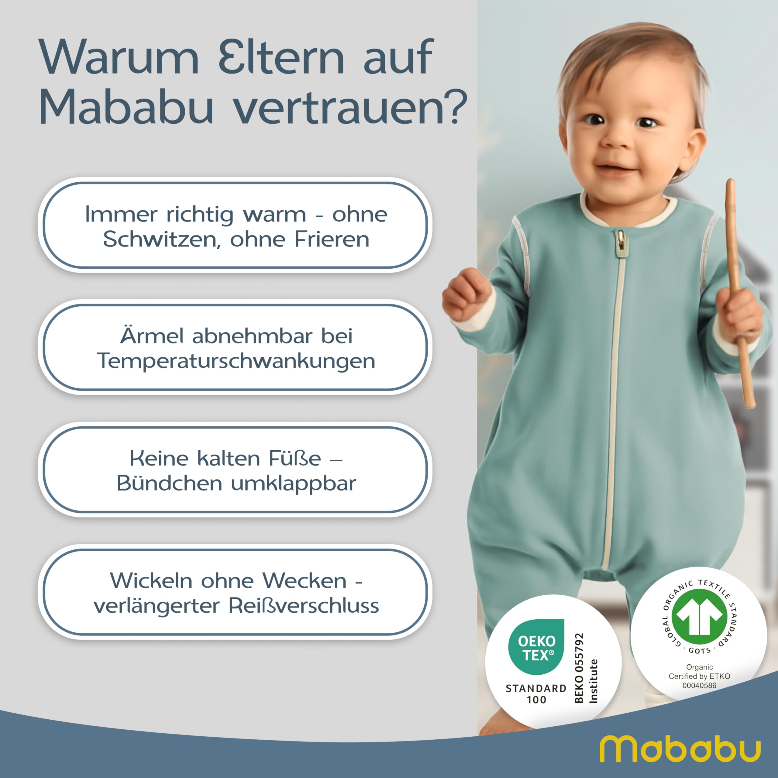 Saco de dormir para bebé con pies 0,5 TOG – Verano y entretiempo – 100% algodón orgánico GOTS – Saco de dormir para bebé con mangas desmontables y puños plegables (Verde mar, 104/110)