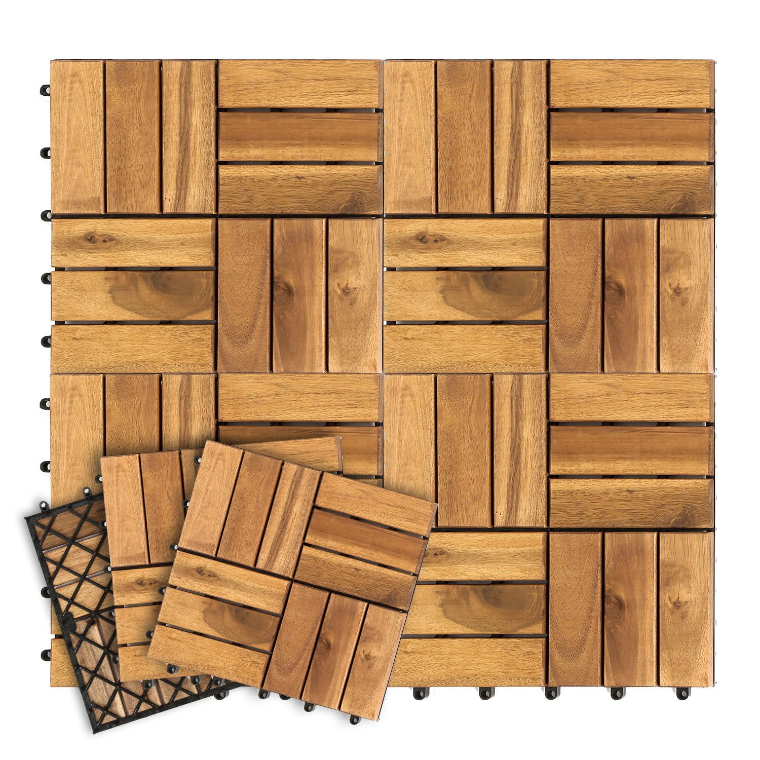 Holzfliesen terrassenfliesen, Akazienholz balkonfliesen 30x30 cm mit Klicksystem, 12 Latten Fliese 11 Stück (1 m²), wetterfester Outdoor Bodenbelag für Balkon und Terrasse