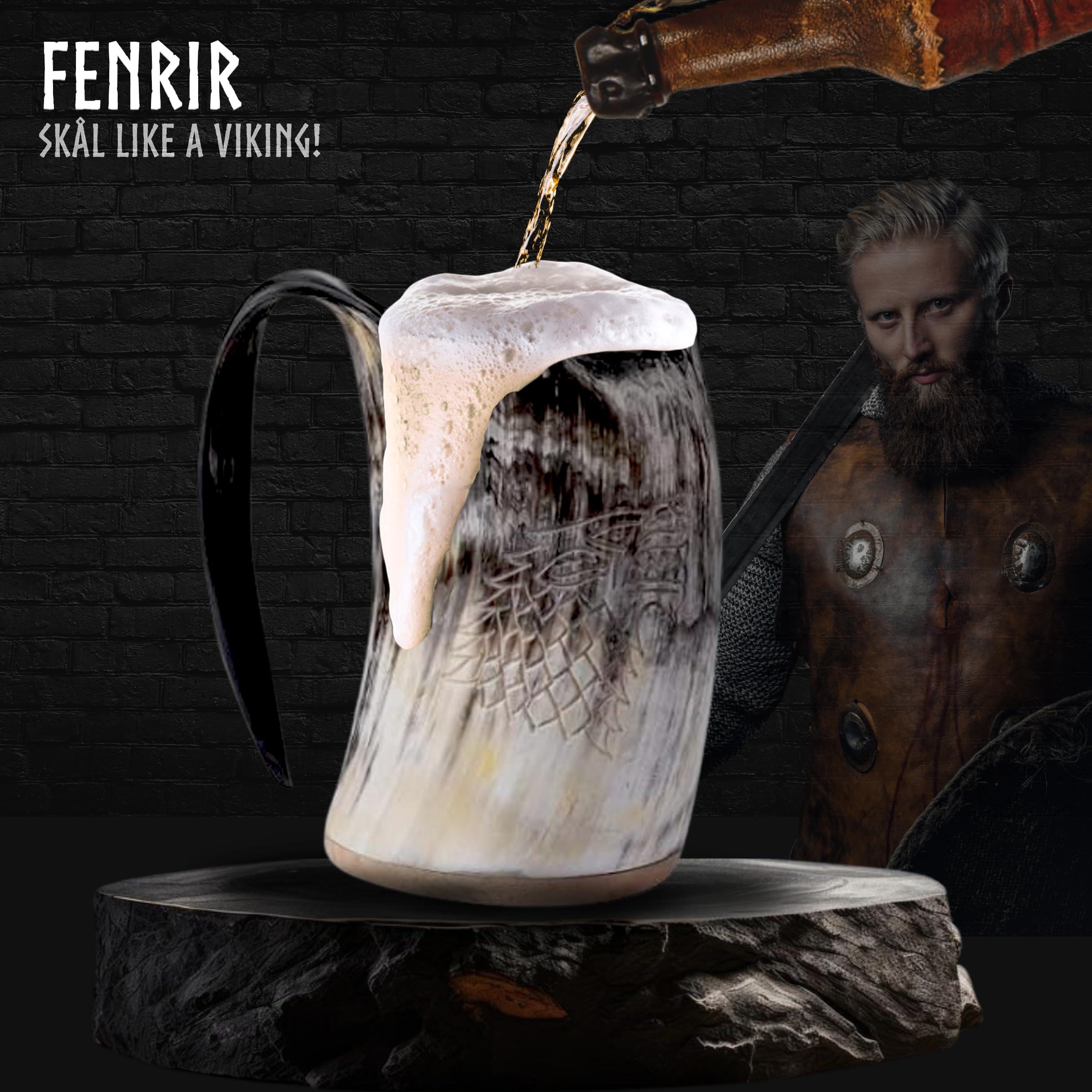 Fenrir Tasse en corne de Viking de 453,6 g avec verre à shot et ouvre-bouteille pour bière et boisson froide – Excellente idée de cadeau de Noël