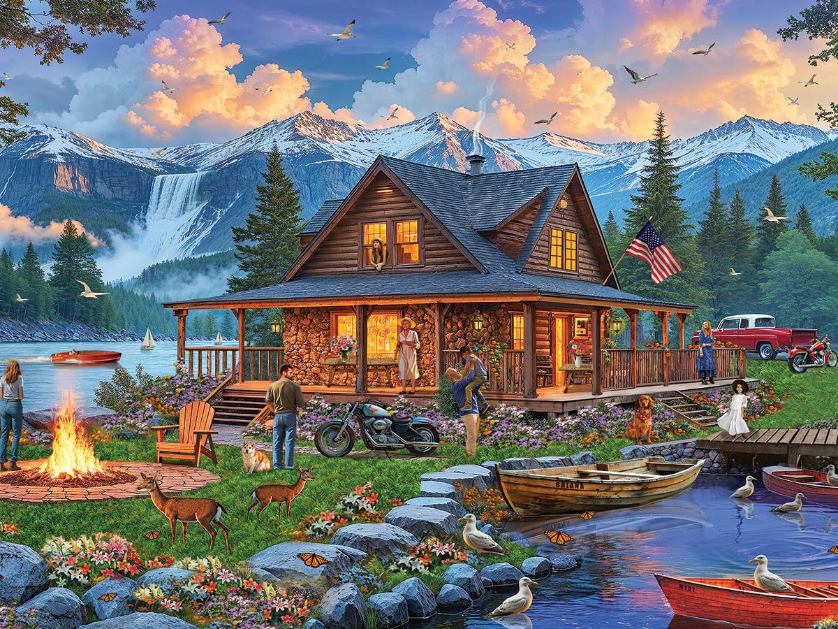 White Mountain Puzzle da 500 pezzi con lago panoramico primaverile con pezzi grandi, regalo per adulti e famiglia, 45,7 x 61 cm, rifugio in cabina