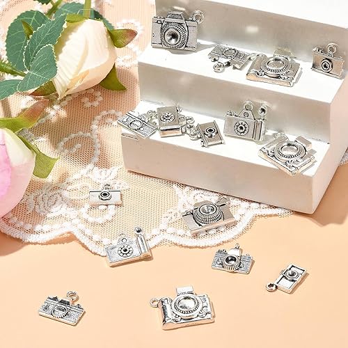 Miniatura 5 de KitBeads 70 piezas de 7 estilos tibetanos para cámara tibetana, dijes de viaje de plata antigua, dijes de fotografía vintage para collares, pulseras