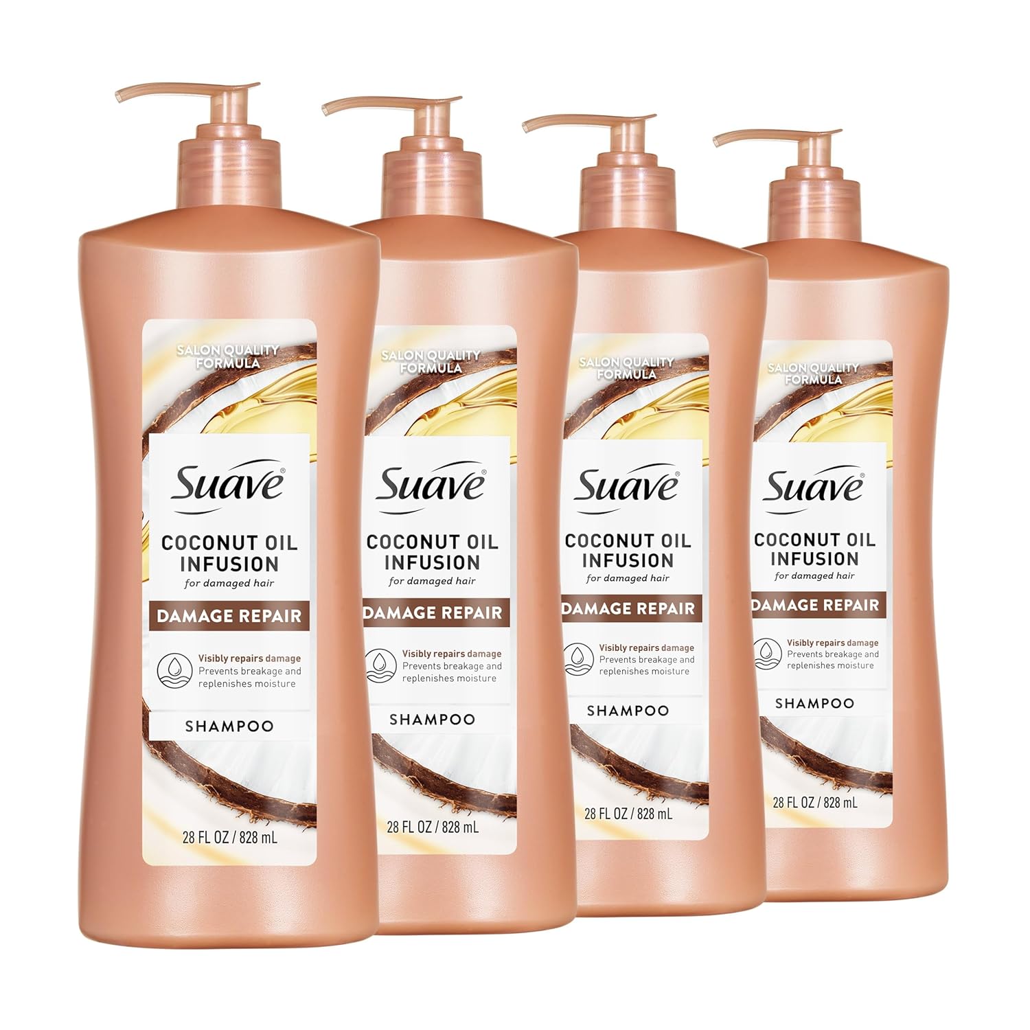 Suave Coconut Oil Infusion Shampoo for Damaged Hair, Salon-Proven Damage Repair System, Hydrates & Moisturizes for Visible Repair in 3 Uses, 28 FL OZ Pump, 4 Count
