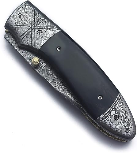 Miniatura 6 de WolfKlinge Cuchillo de bolsillo hecho a mano de acero Damasco para caza supervivencia camping pelletero Bushcraft mango plegable de hueso de camello
