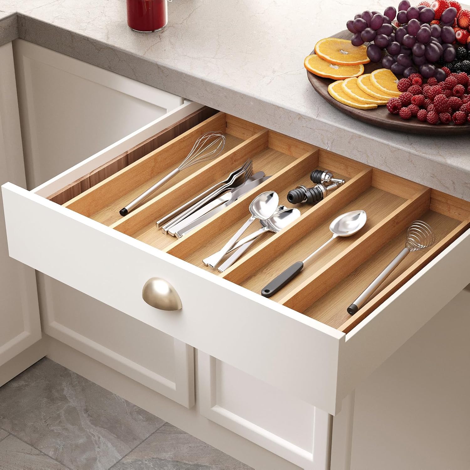 Fibogollo Expandable Kitchen Drawer Organizer,Bamboo Silverware Organizer,Adjustable Flatware Tray for Utensils(16.92 * 13.30~22.83 * 1.96)