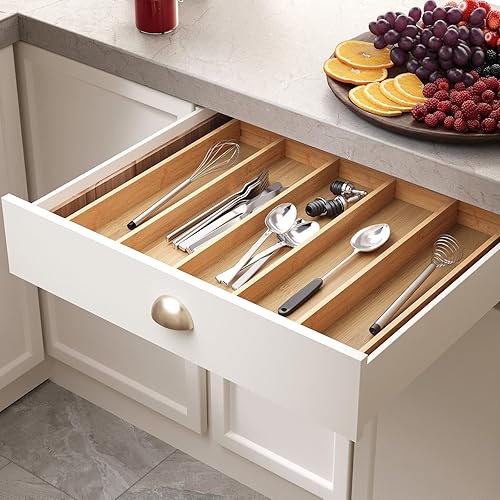 Miniatura 4 de Organizador de cajones de cocina expandible, organizador de cubiertos de bambú, bandeja de cubiertos ajustable para utensilios (16.92 x 13.30 22.83