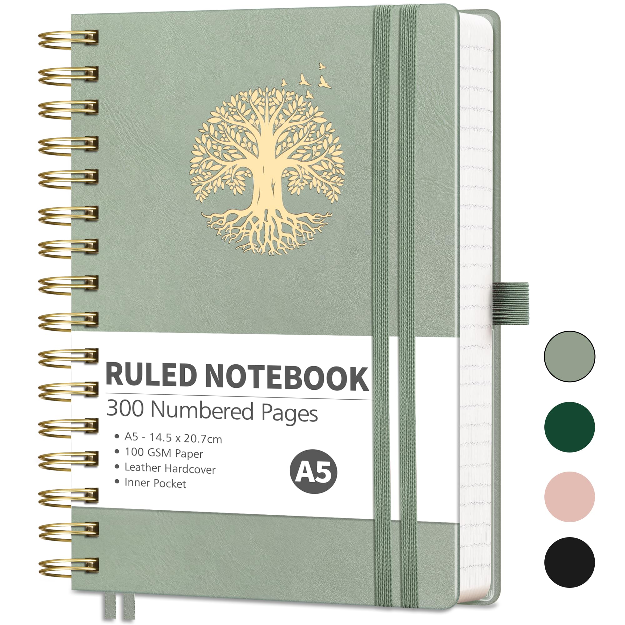 RETTACY A5 Notebook-Spiral Bound Notebook Journal for Men,Lined 300 Pages Hardback Leather Note Pad with 100gsm Thick Paper for Writing,Inner Pocket,Sticky Notes,14.5 x 20.7cm -LightGreen