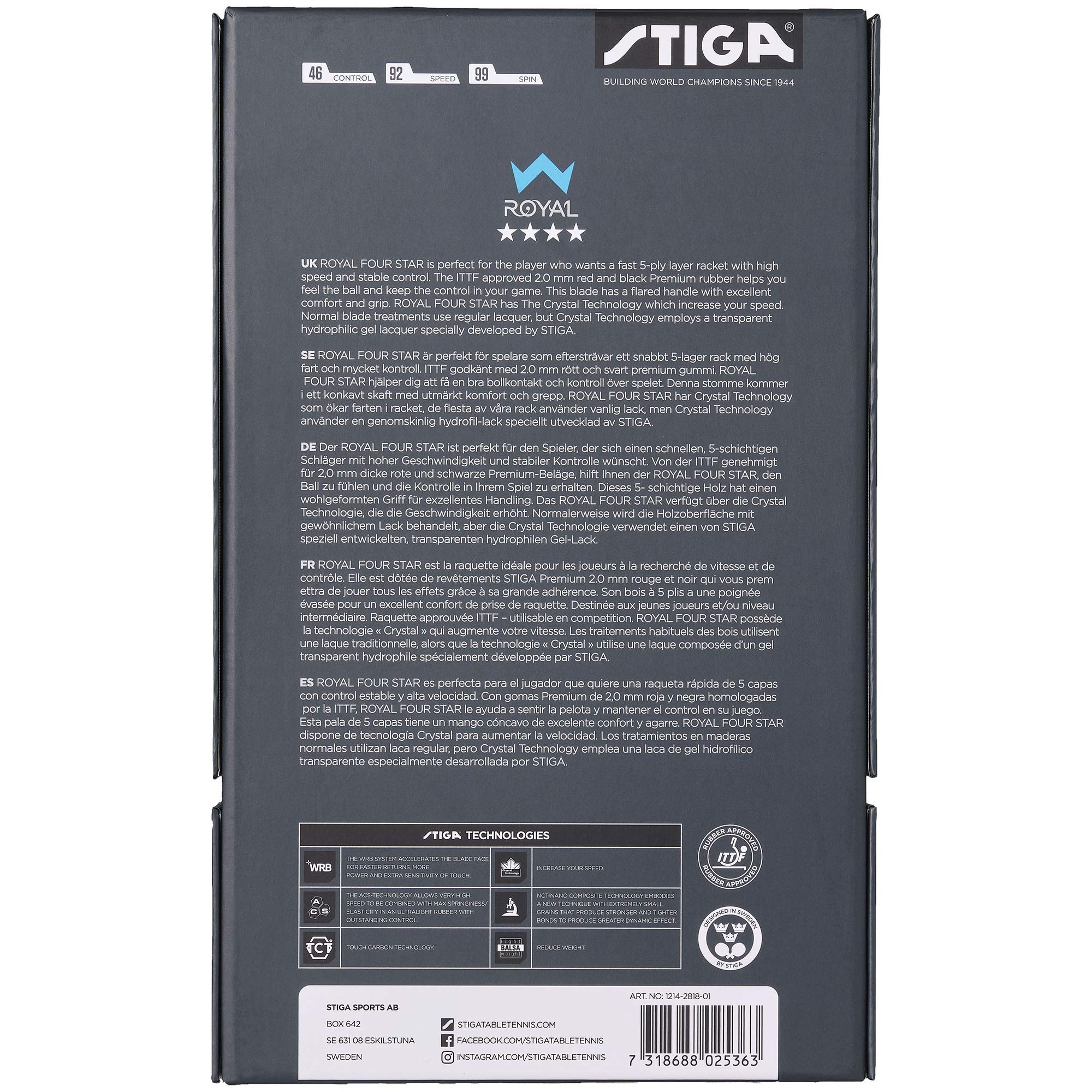 STIGA Royal WRB Table Tennis Racket - 3-Star ITTF Approved, Offensive Paddle with WRB System, 5-Ply Blade, 2.0mm Sponge, Enhanced Speed, Control, and Spin for Skill Development and Game Improvement