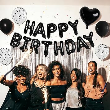 25Pcs Black Happy Birthday Banner & Balloons Set - Men Women Party Decor | Self-seal foil letters+heart/confetti balloons. with Straw & Ribbon, no pump. Durable, resists burst.