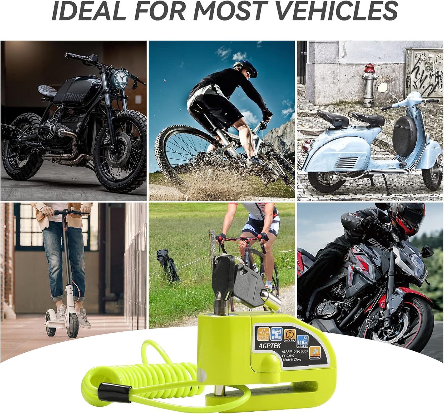 Disc Lock Alarm with 5FT Reminder Cable, AGPTEK 110db Anti-Theft Motorcycle Alarm Padlock Waterproof with Lock Pin Carrying Bag for Motorcycles Bikes Scooters, Green
