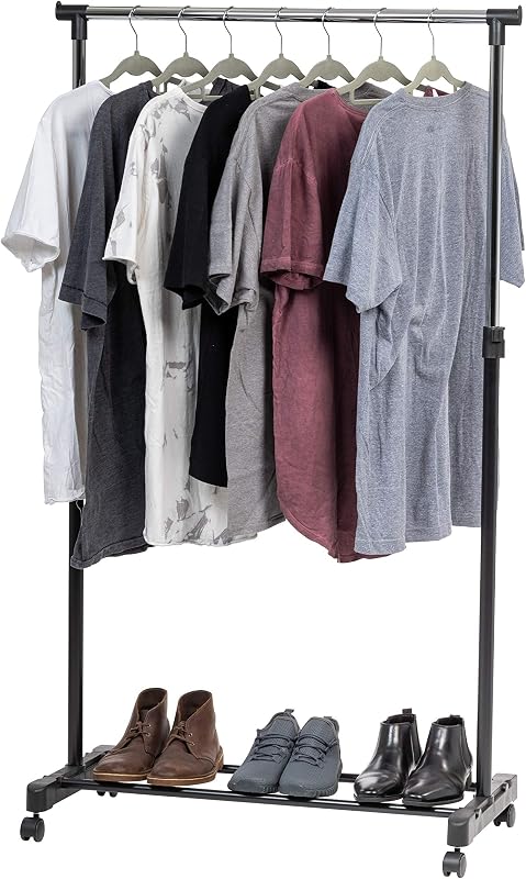 Single Rod Rolling Clothes Rack, Height Adjustable, Black | Adjustable hanging space for garments, accessories, and storage needs with smooth mobility