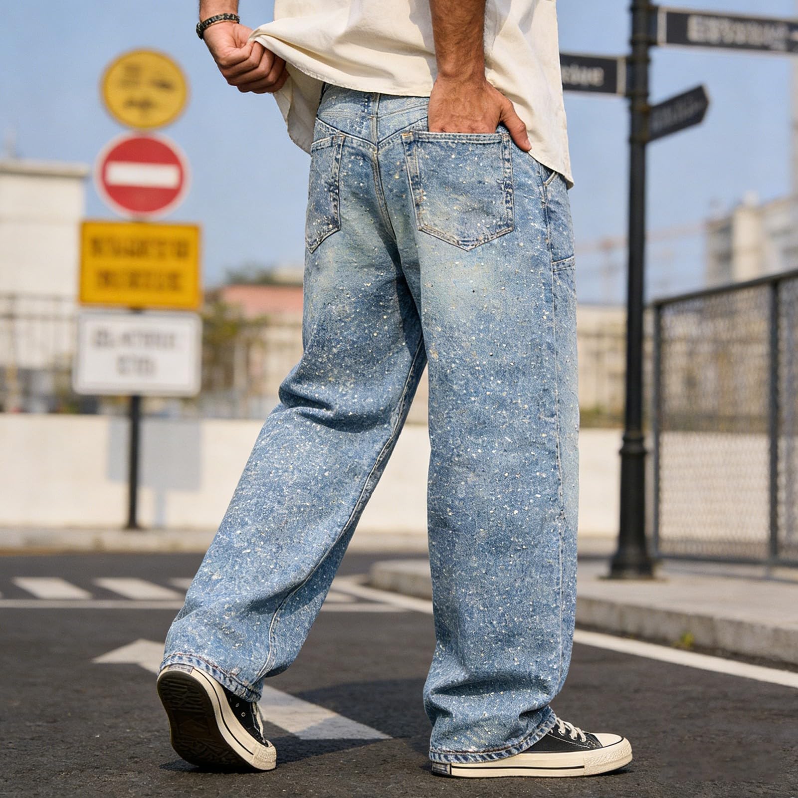 Jeans da uomo High Street con strass e paillettes, per il tempo libero, stile Y2K, casual, comodi, in denim, larghi e dritti, stile hip hop, streetwear