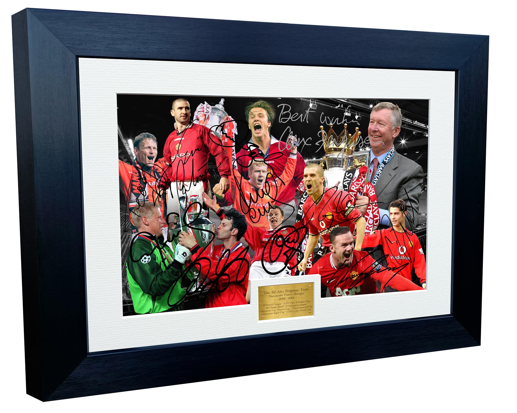SIR ALEX FERGUSON YEARS Manchester United Autograph Signed Signature Photograph Photo Picture Frame Football Soccer Gift Beckham Giggs Cantona Keane Ronaldo Rooney (Black Frame With Cream Mount, A4)