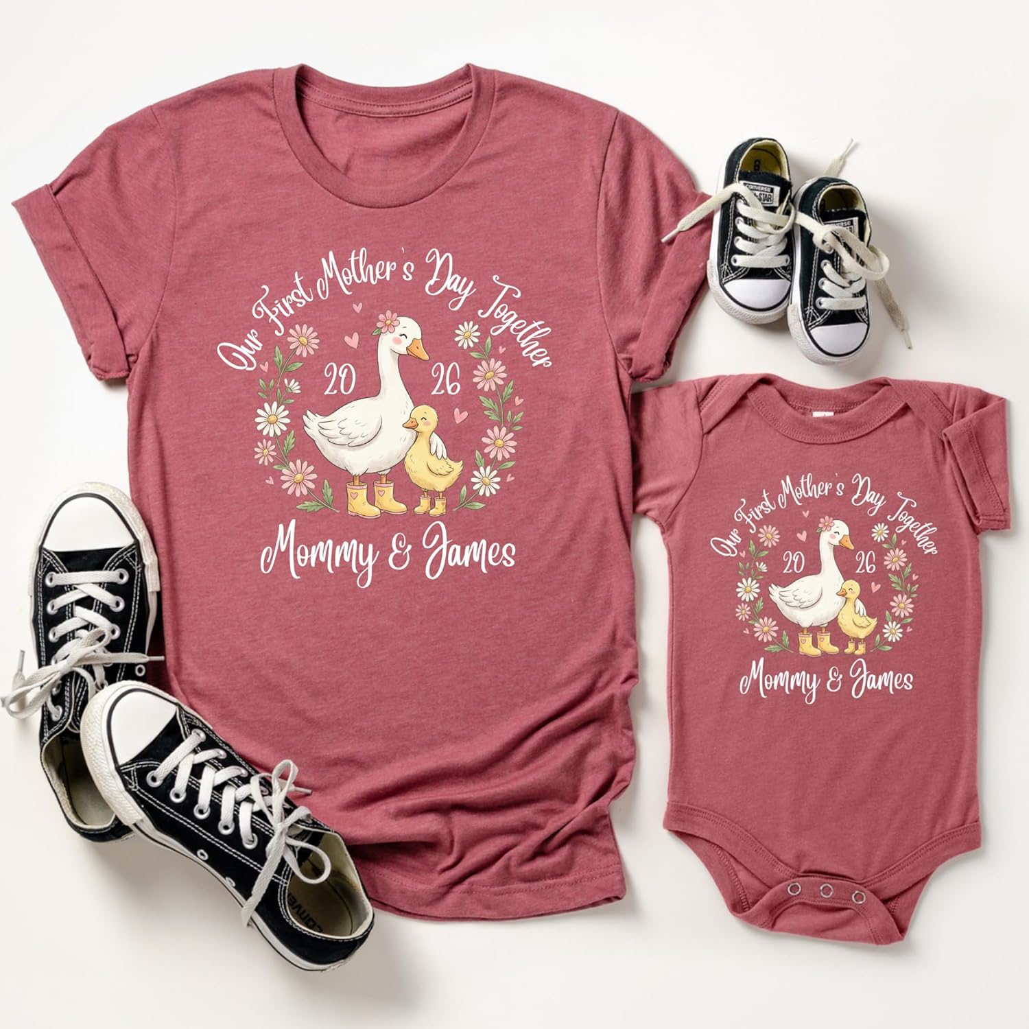 Personalized Our First Mother’s Day Shirts Set 2026, Custom Mommy and Baby Matching Outfits, Cute Goose Design New Mom Gift