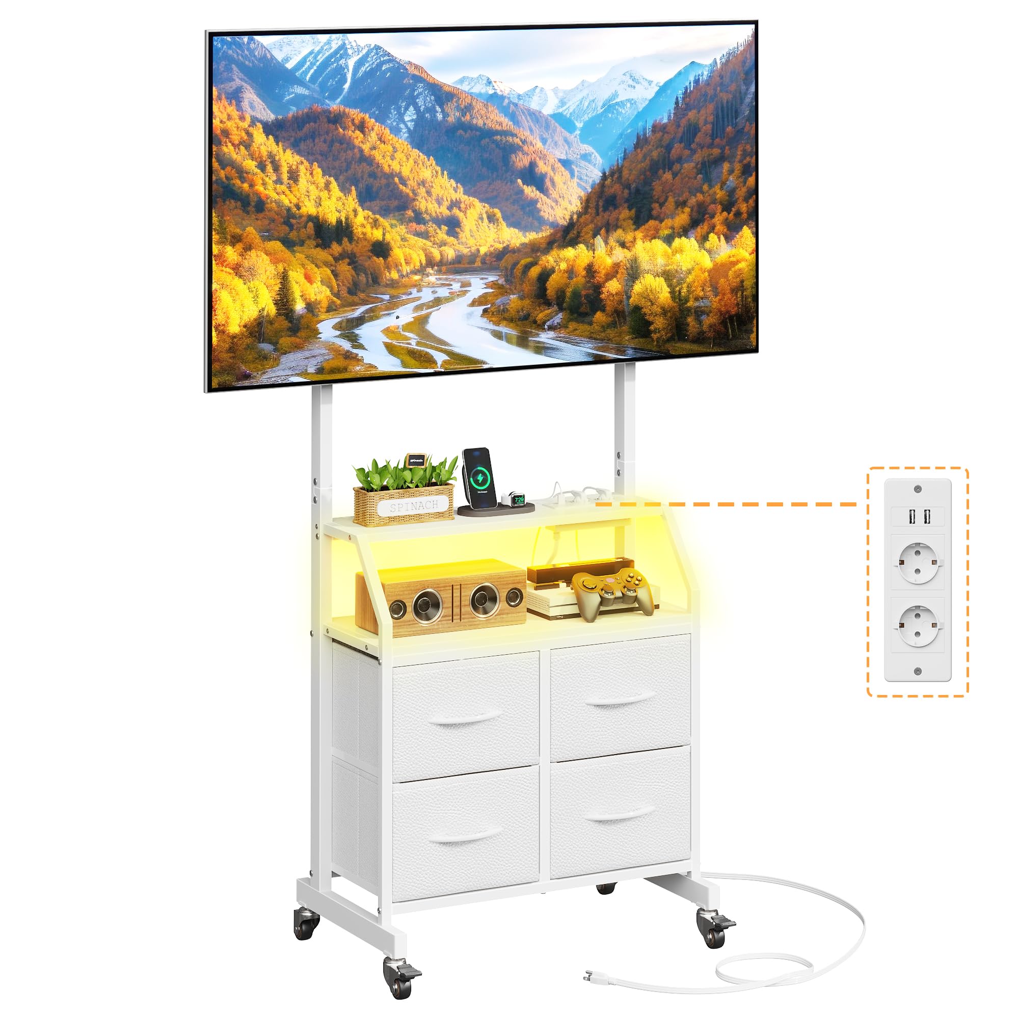 Support TV sur Pied avec roulettes 32-75 Pouces Meuble TV roulettes | Support TV sur roulettes avec LED et Prises Intégrées, Réglable en Hauteur avec 4 Tiroirs, Max VESA 600x400 mm, Blanc