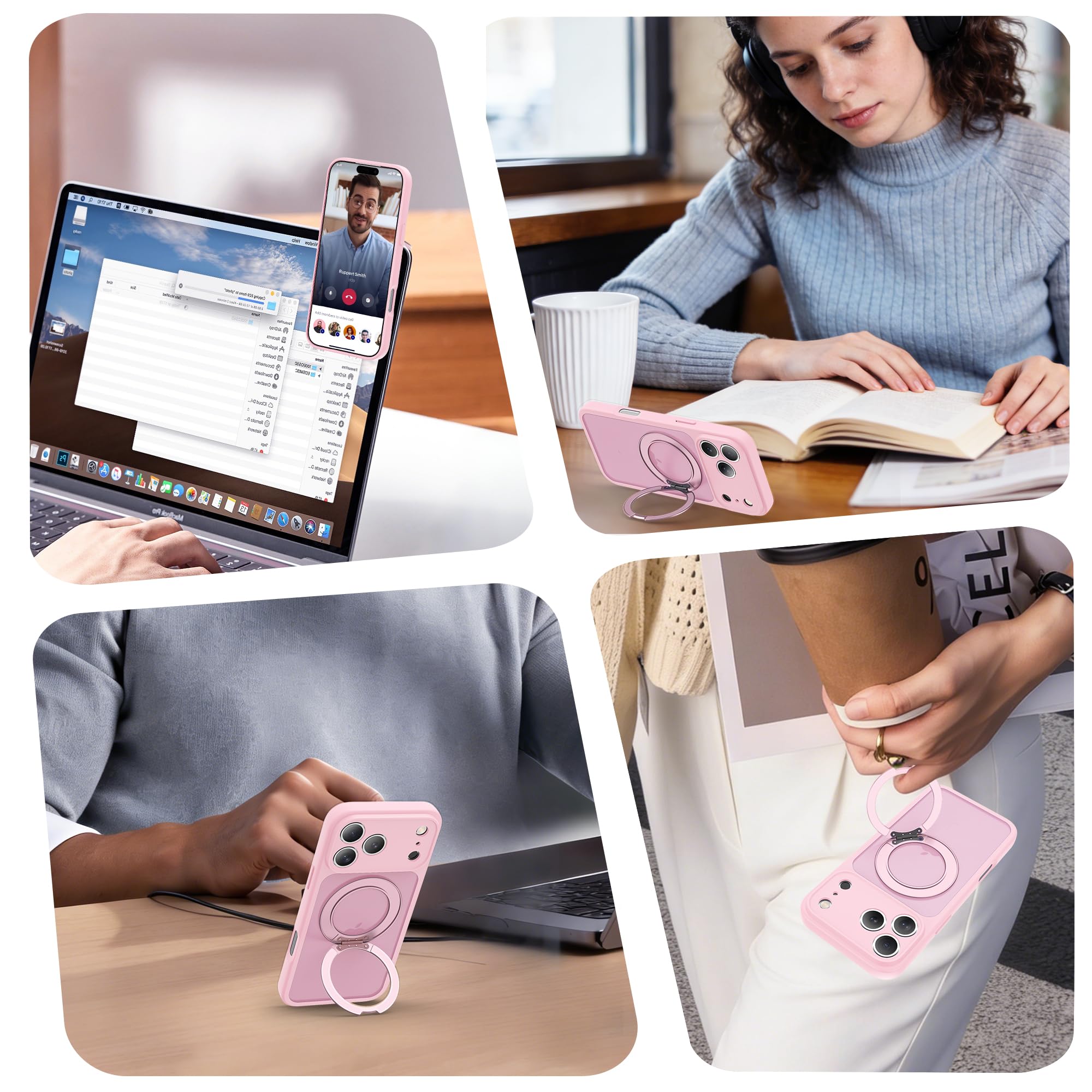 Custodia magnetica per iPhone 17 Pro 16 cm, rosa | Supporto magnetico ad anello, compatibile con Mag-Safe, protezione di grado militare, custodia sottile traslucida opaca per
