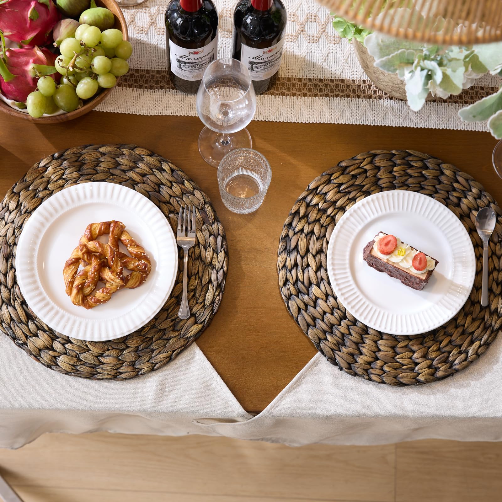 YANGQIHOME Platzset aus Wasserhyazinthe, rundes Tischset, handgemachte runde Platzdeckchen, Telleruntersetzer für Esstisch und Boho Deko, Weihnachten (6er Set, 35 cm, Schwarz)