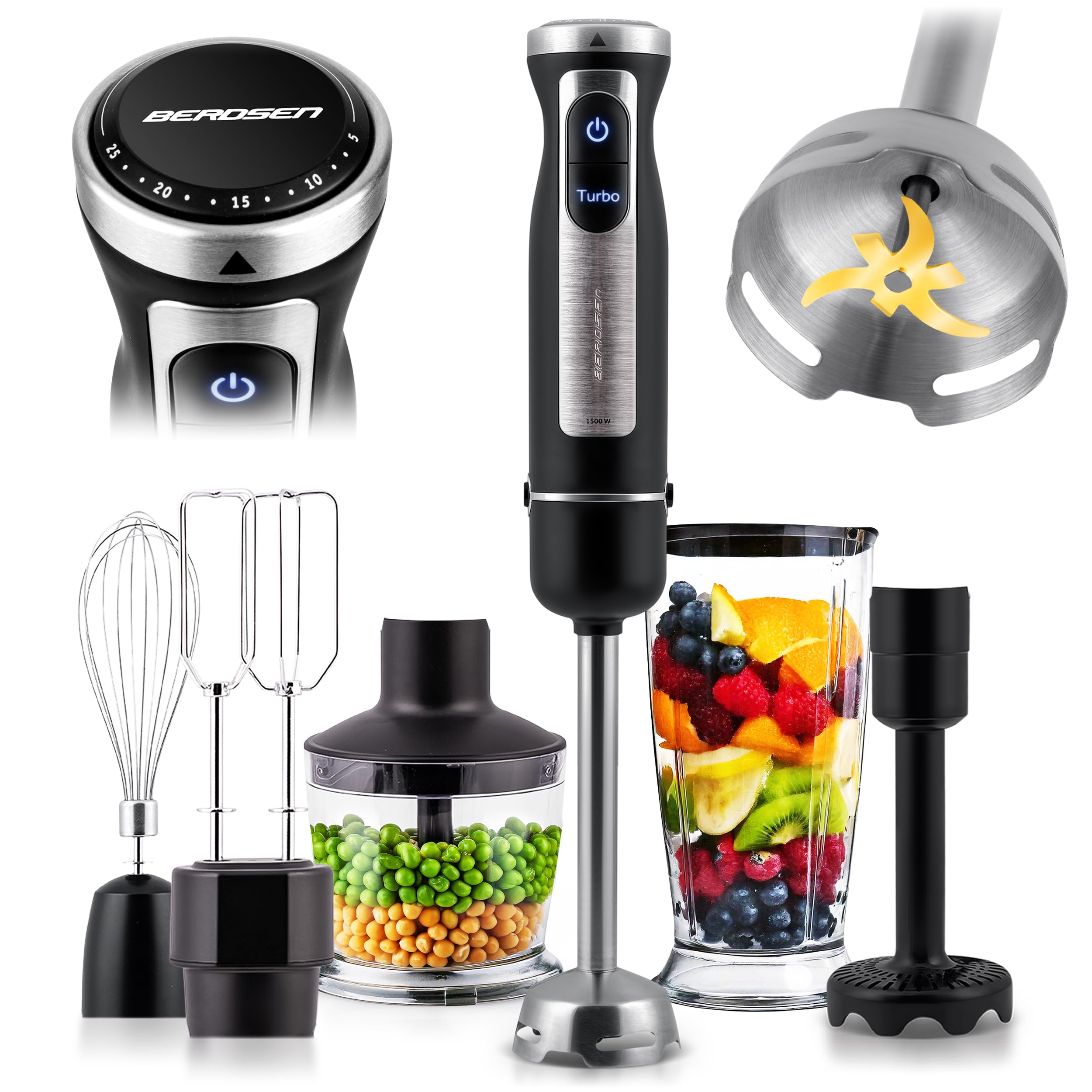 Berdsen Frullatore a immersione manuale Frullatore ad immersione 1500W Multifunzionale con accessori Funzione Turbo 800 ml Acciaio Plastica Grigio Nero