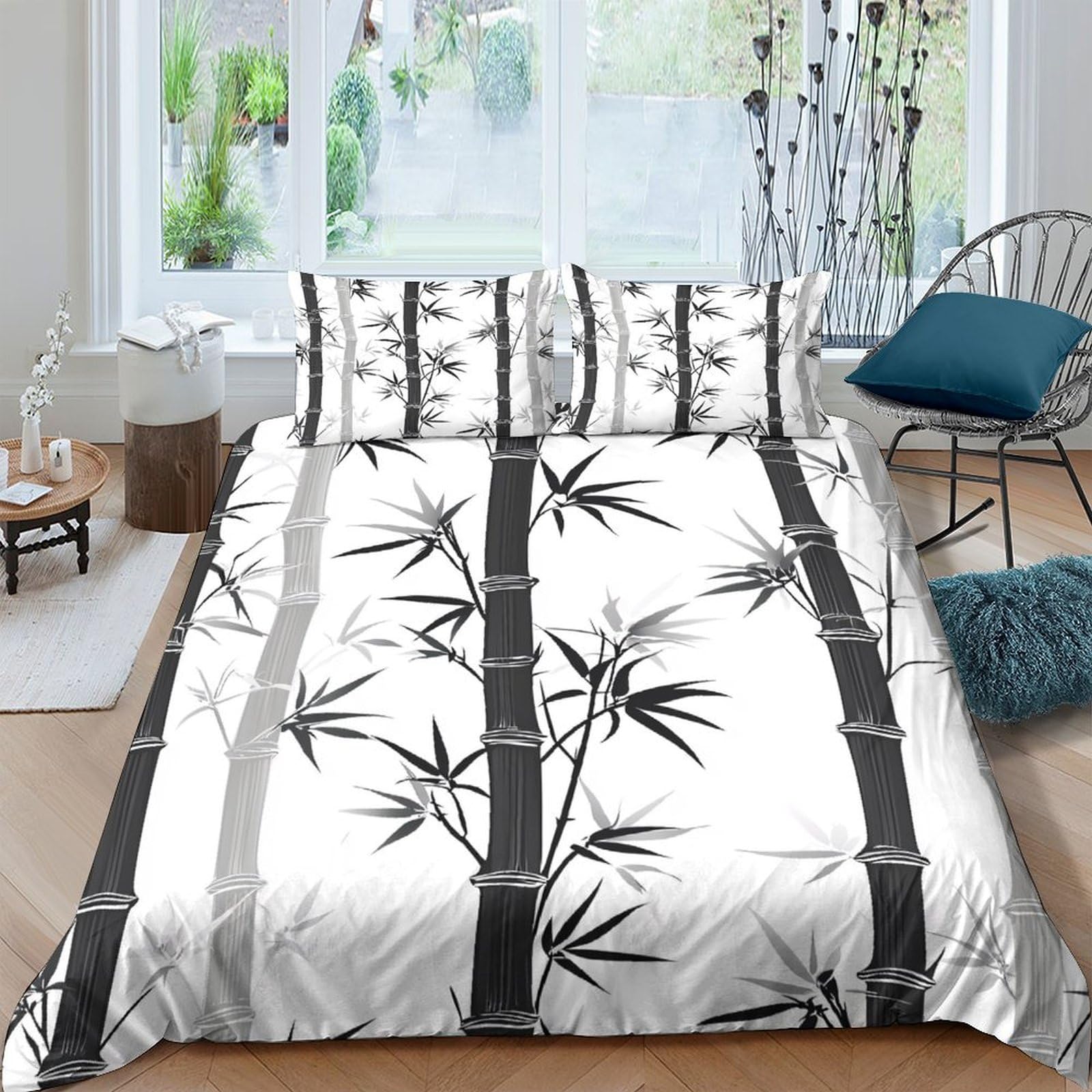 Ctjqhvkz Style-9 3D Printed Bamboo Forest Fitted Sheet Microfiber Soft Black White Zen Style Mattress Cover Bedroom Decor Single（135X200cm）