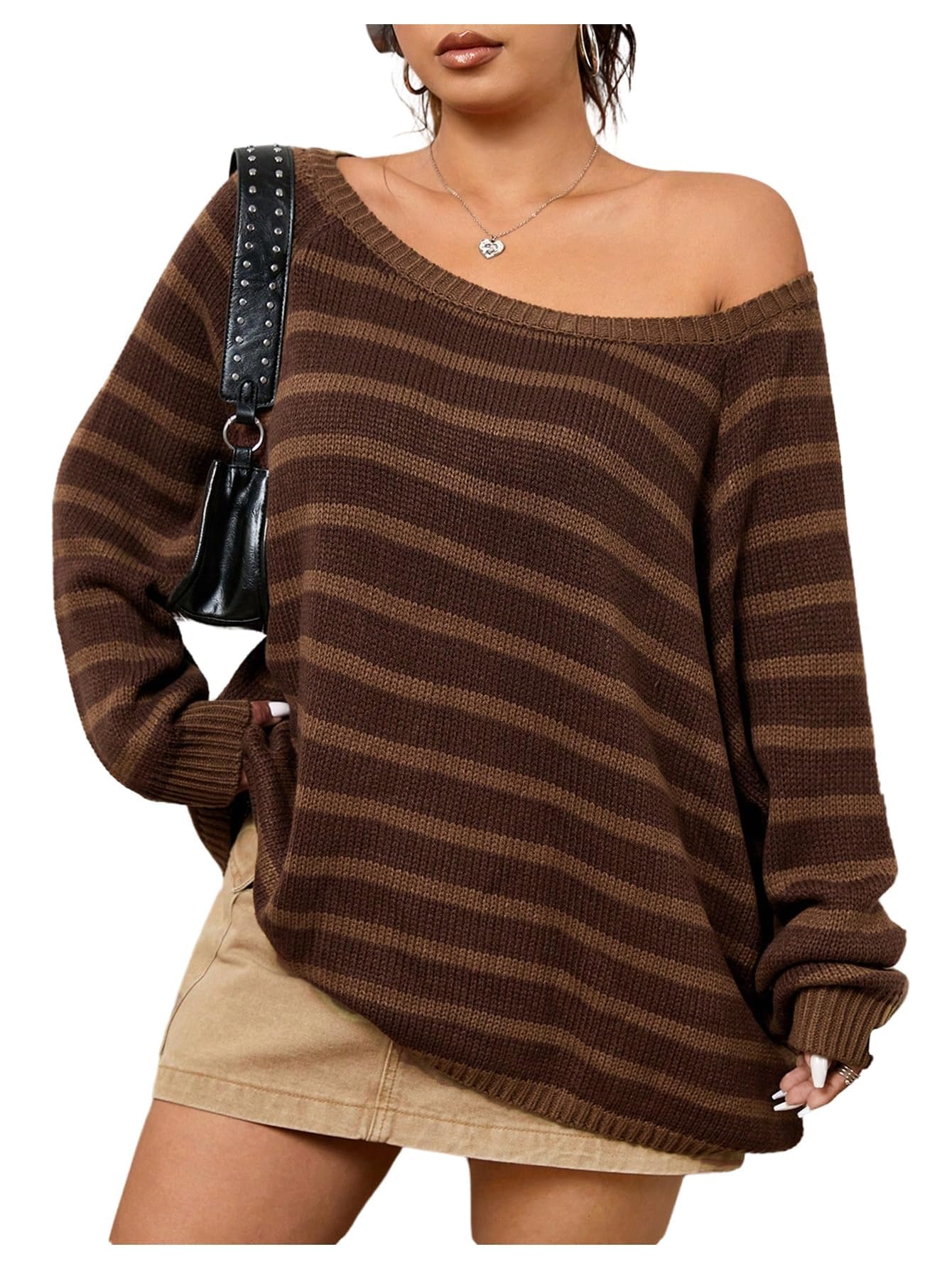 Womens Slouchy Plus Size Striped Off The Shoulder Sweaters Fall Trendy Oversized Long Sleeve Cozy Pullover
