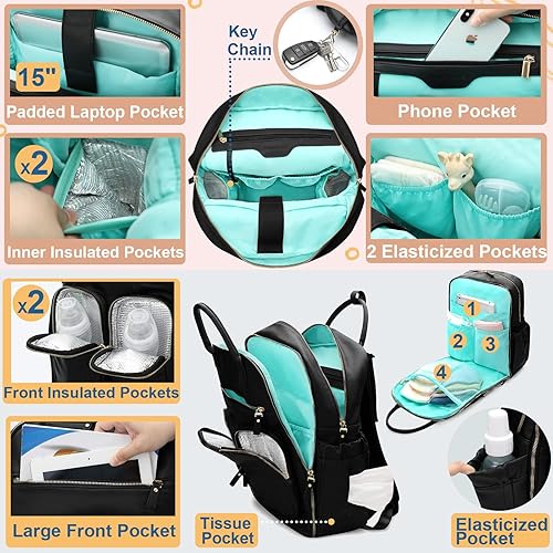 Miniatura 4 de Mochila Mominside de piel con 18 bolsillos para mamá papá bolsa de viaje para niños y niñas bolsillo grande húmedo 4 bolsillos aislantes estación de