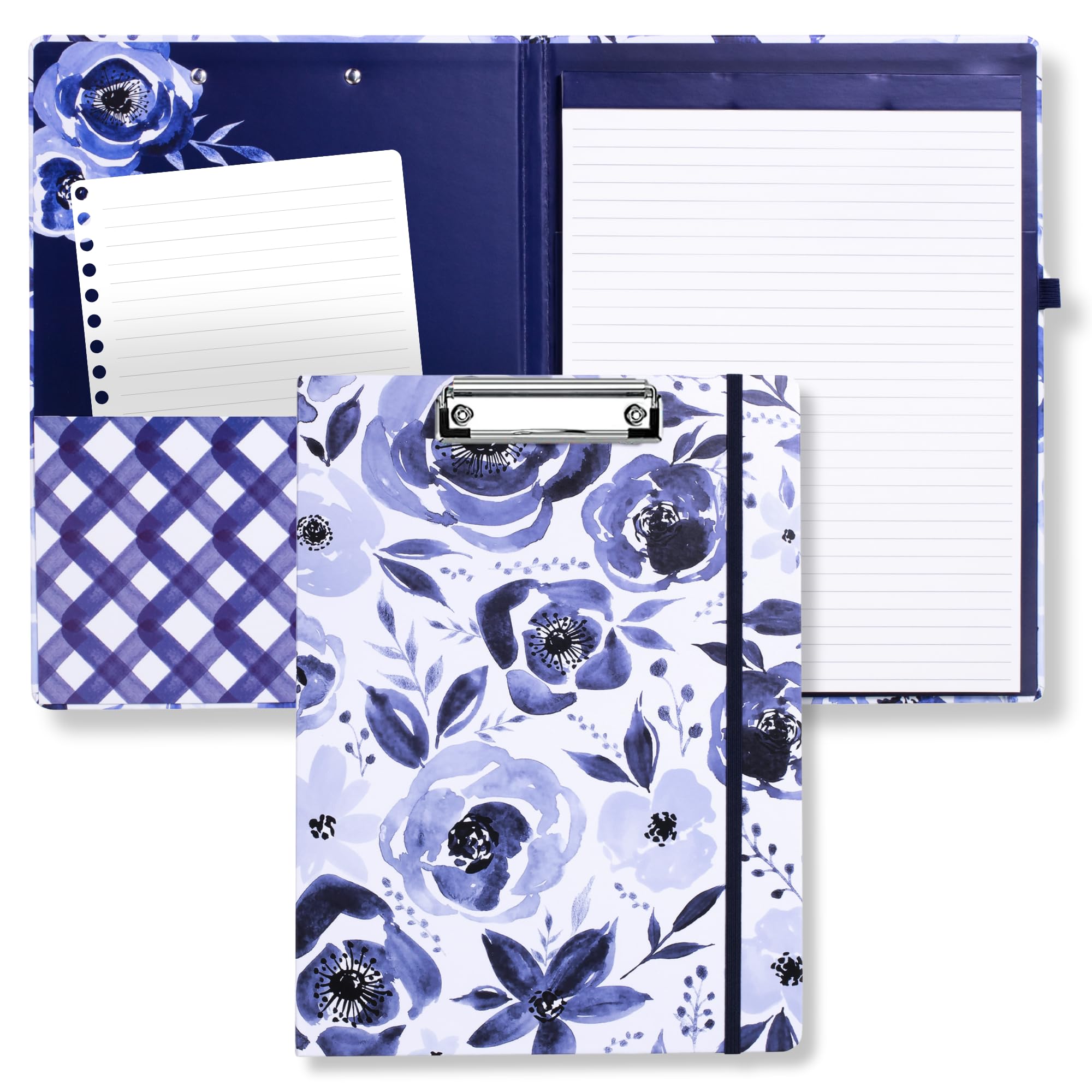 STEEL MILL AND CO.Steel Mill & Co Cute Floral Clipboard Folio with Refillable Lined Notepad and Interior Storage Pocket, Blue Watercolor